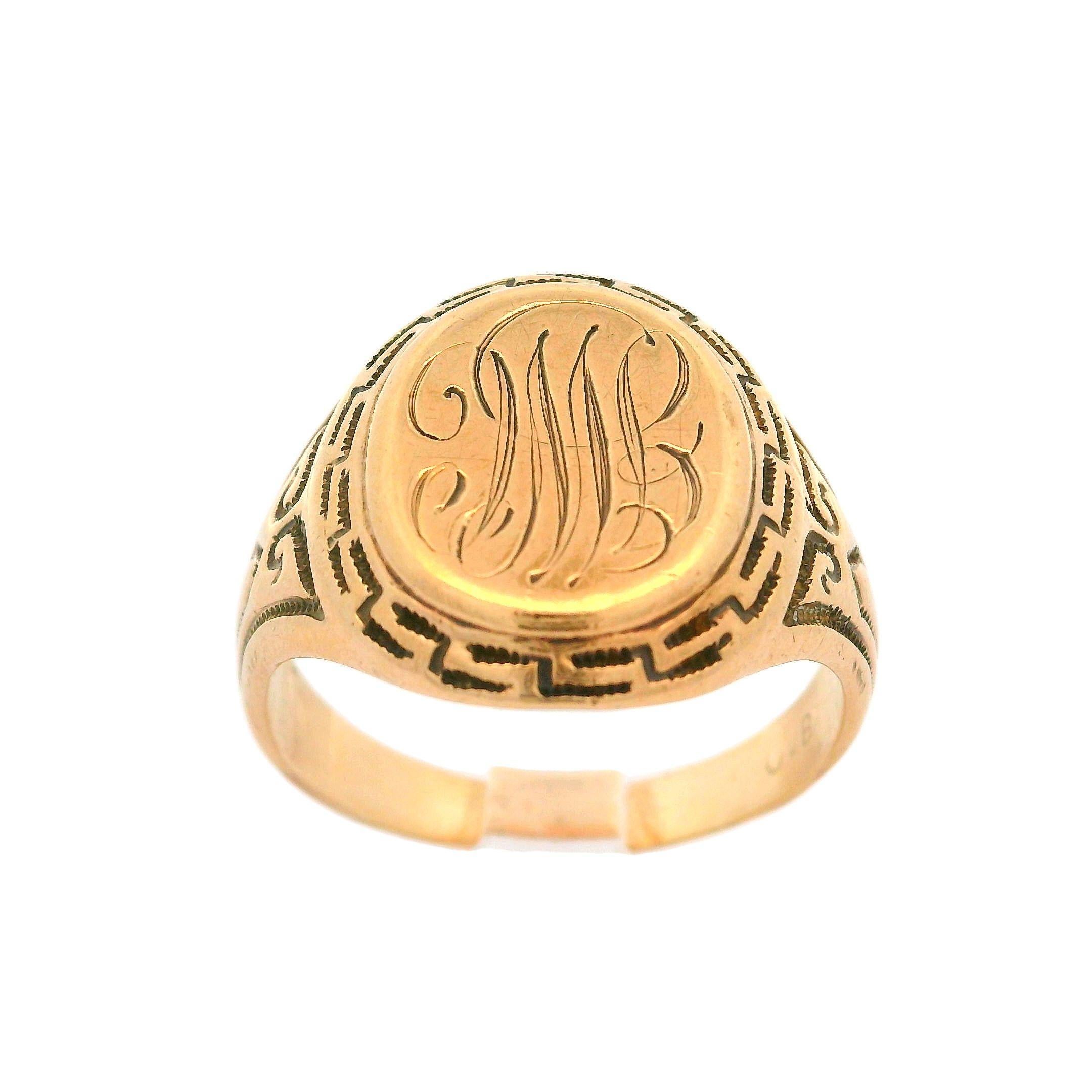 Vintage Ostby Barton 10k Rosy Yellow Gold Milgrain Greek Key Signet Band Ring en venta 5