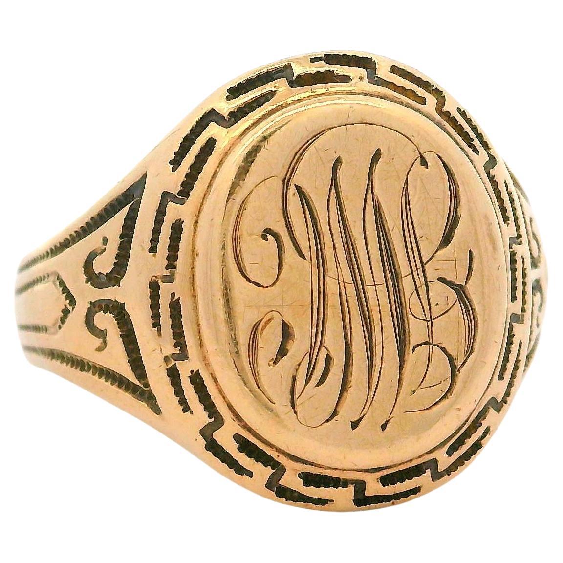 Vintage Ostby Barton 10k Rosy Yellow Gold Milgrain Greek Key Signet Band Ring en venta