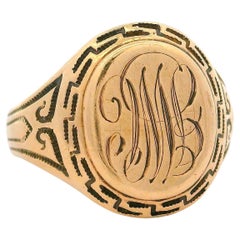 Vintage Ostby Barton 10k Rosy Yellow Gold Milgrain Greek Key Signet Band Ring