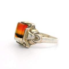 Vintage Ostby & Barton Sterling Silver Watermelon Agate Buckle Sides Ring