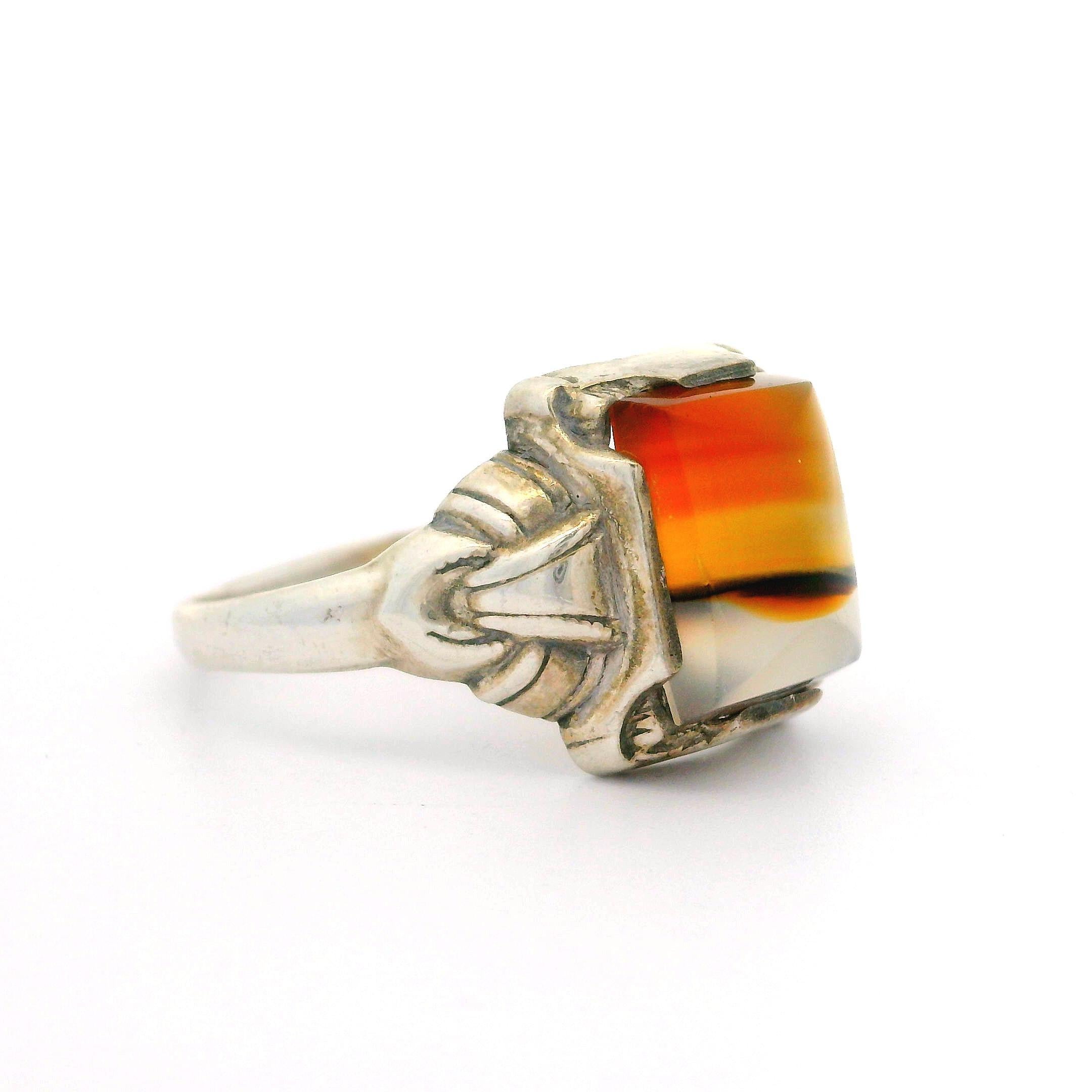 Vintage Ostby & Barton Sterling Silber Wassermelone Achat Schnalle Seiten Ring im Zustand „Gut“ im Angebot in Montclair, NJ