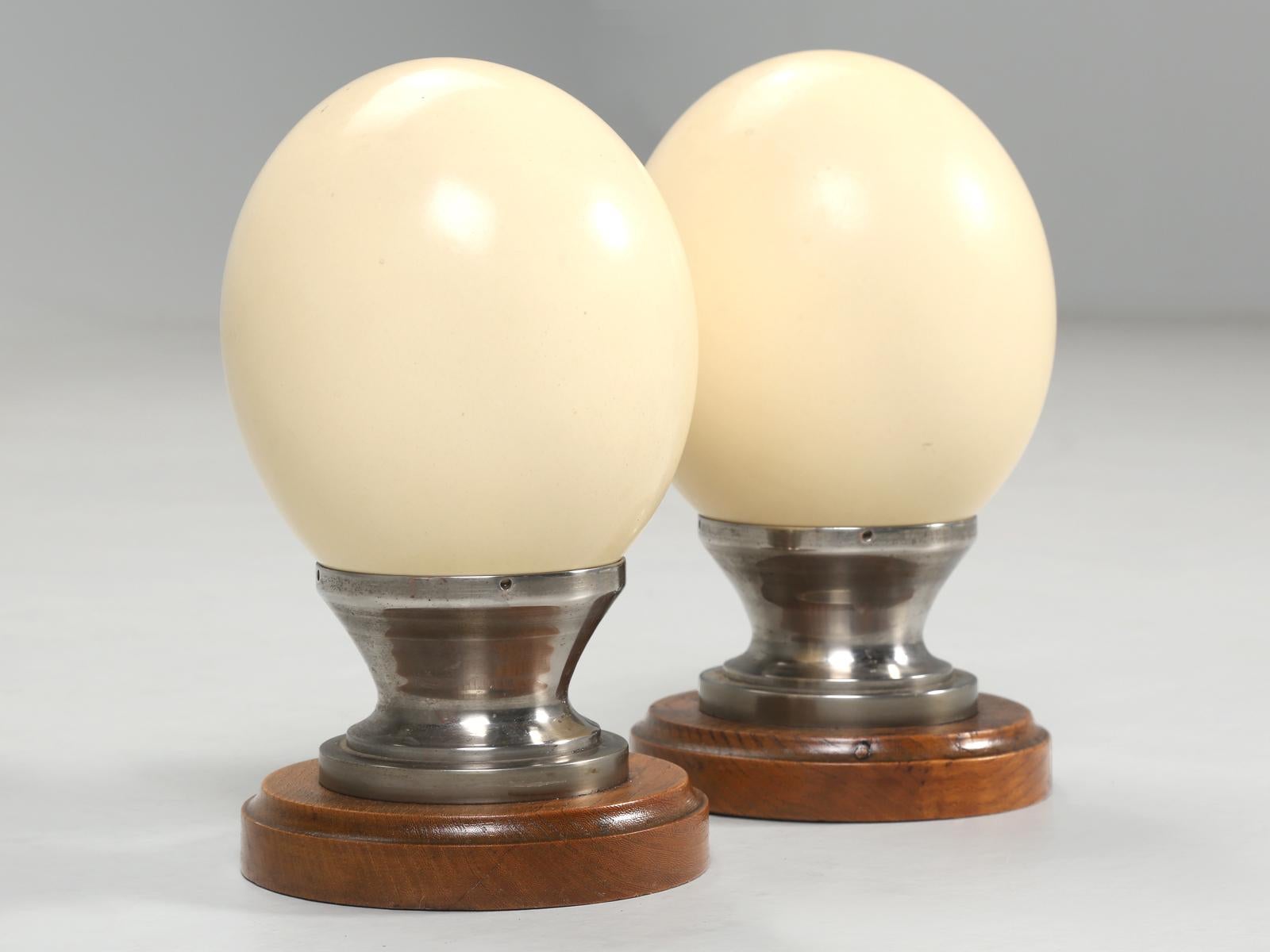 French Vintage Ostrich Eggs Mounted on circa 1944 Metal and Wood Stand from France