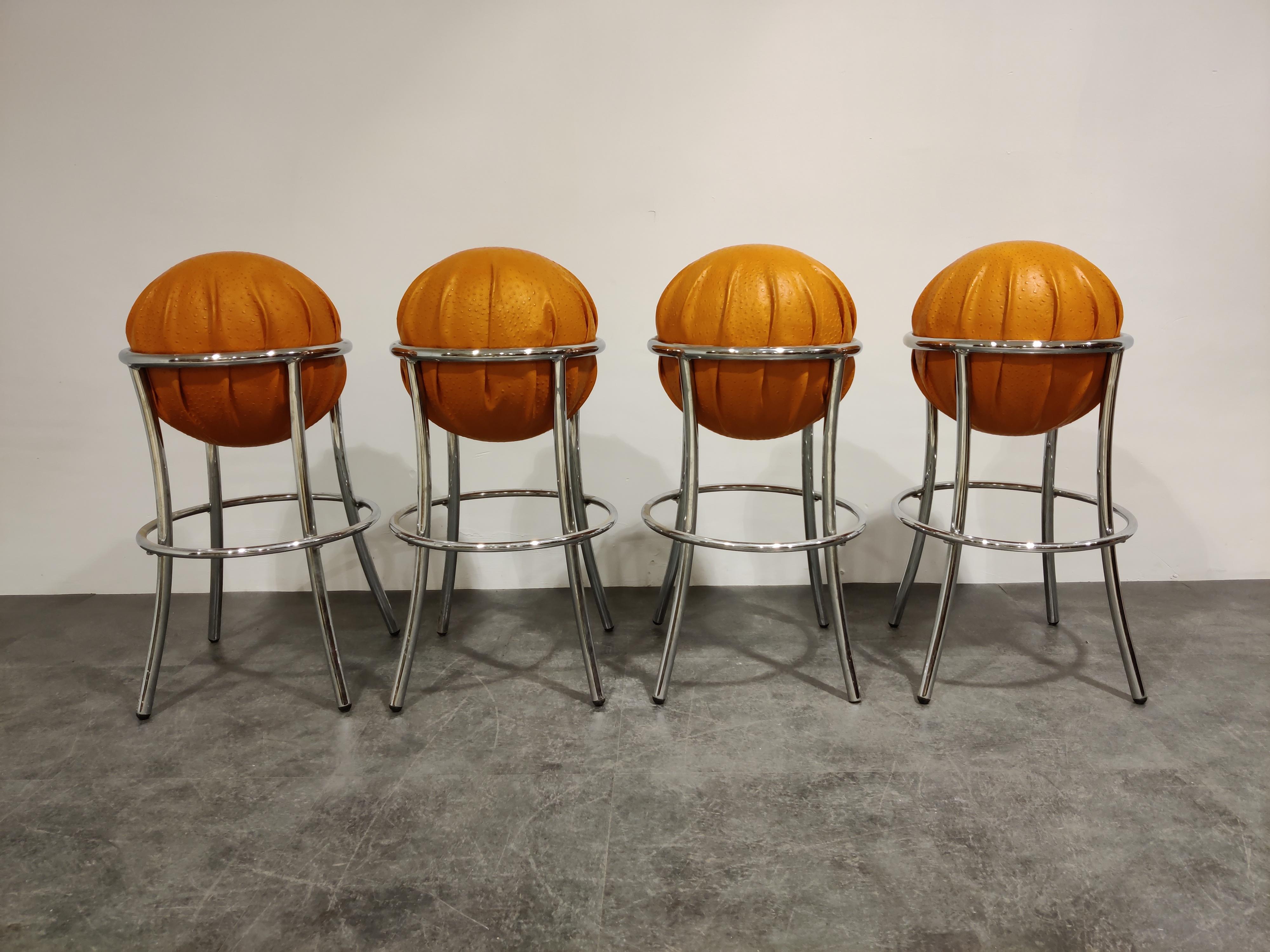Unique chromed and ostrich leather bar stools.

These bar stools have a great color and shape.

Very good condition.

1970s, Belgium 

Dimensions:
Height 85cm/33.46