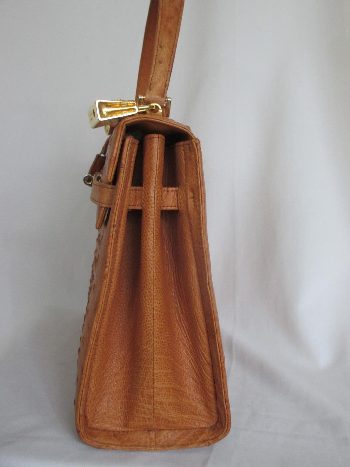 Brown Vintage Ostrich Leather top handle bag cognac