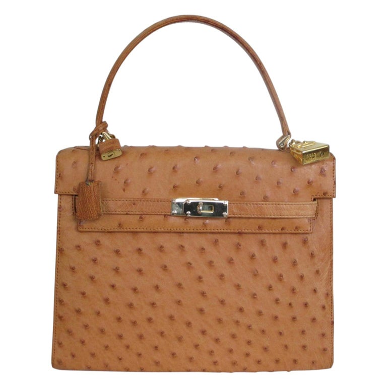 Vintage Ostrich Leather top handle bag cognac at 1stDibs