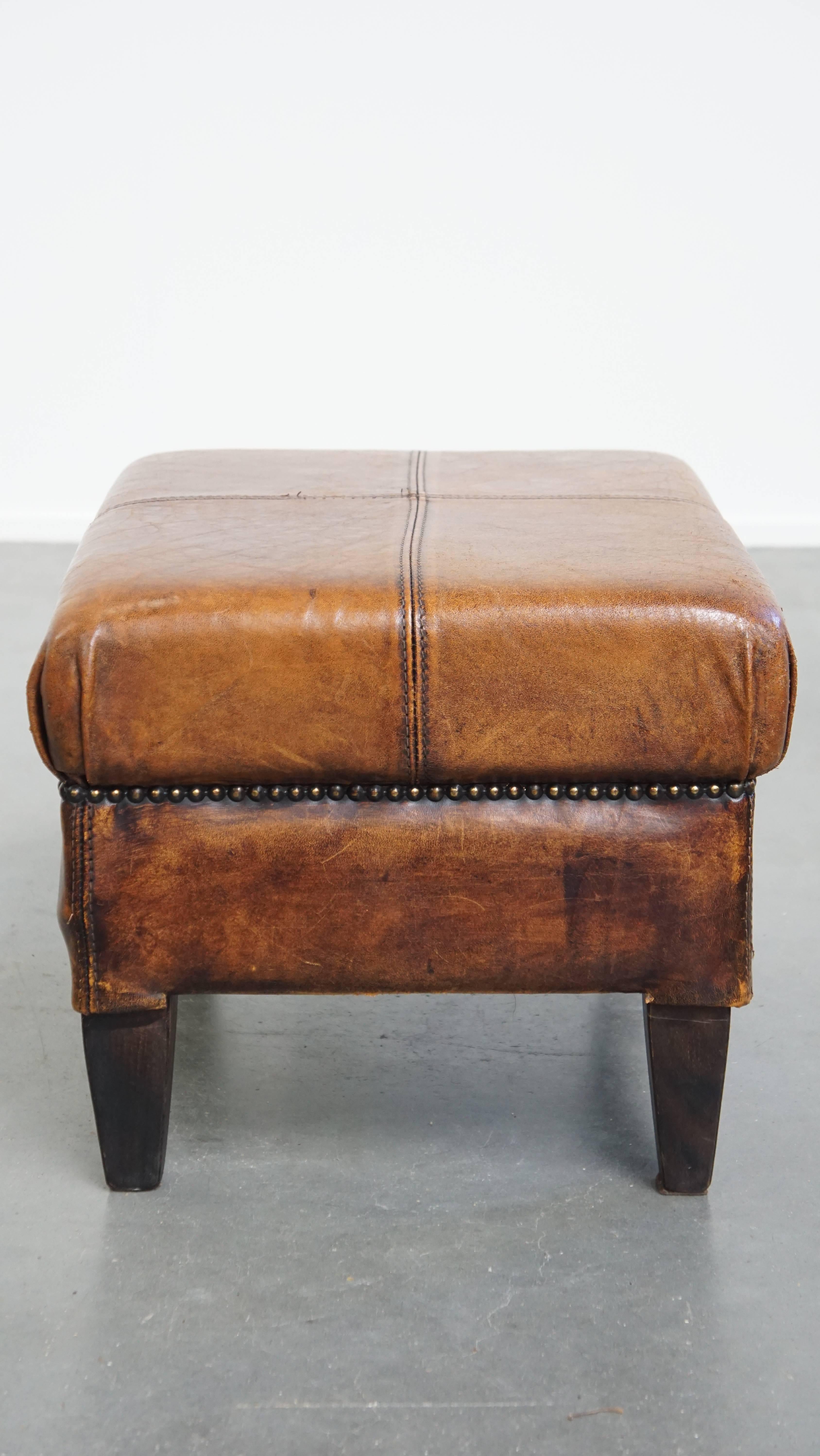 Classical Roman Vintage Ottoman Made of Sheepskin Leather For Sale