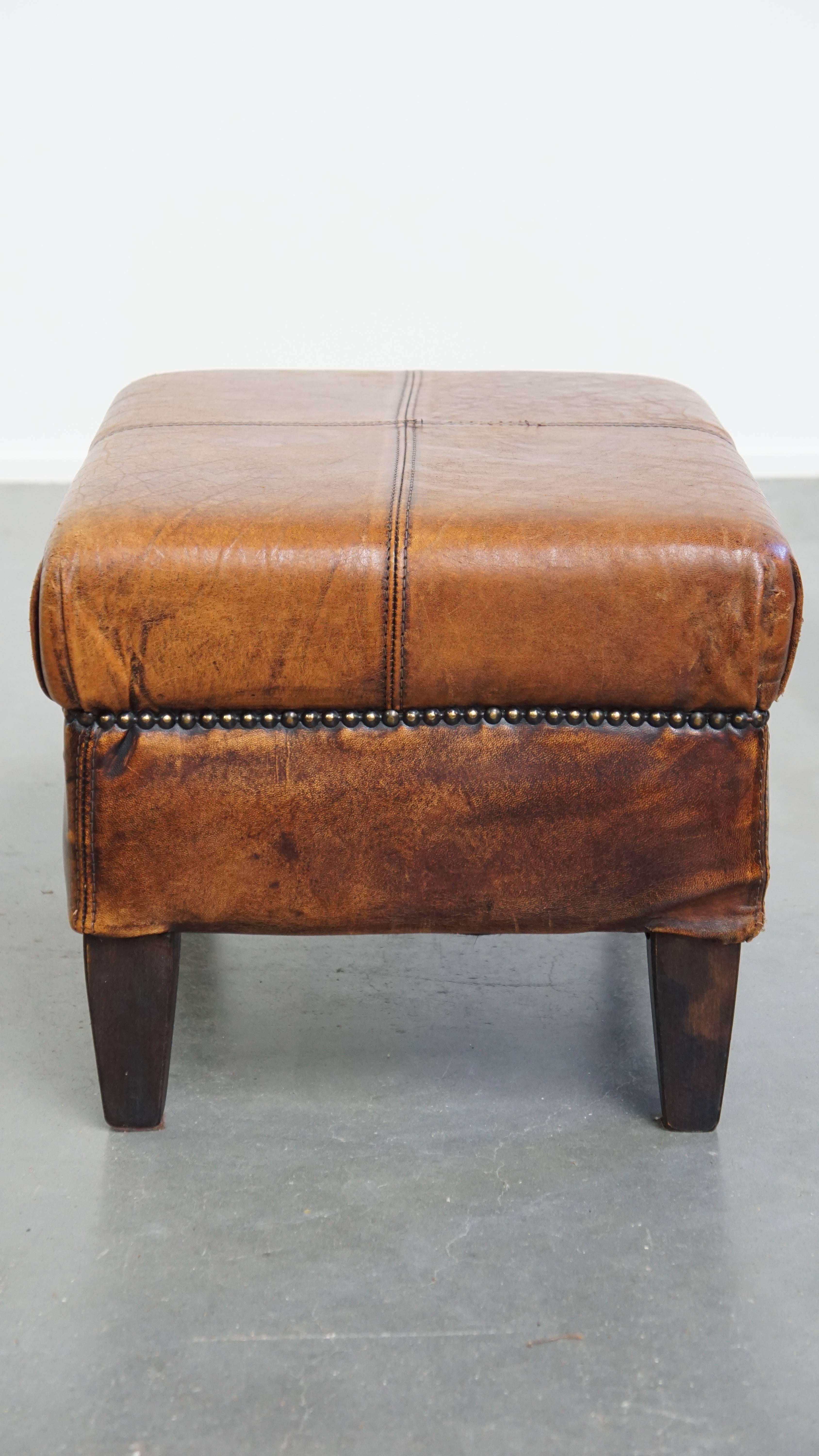 Vintage Ottoman Made of Sheepskin Leather In Fair Condition For Sale In Harderwijk, NL