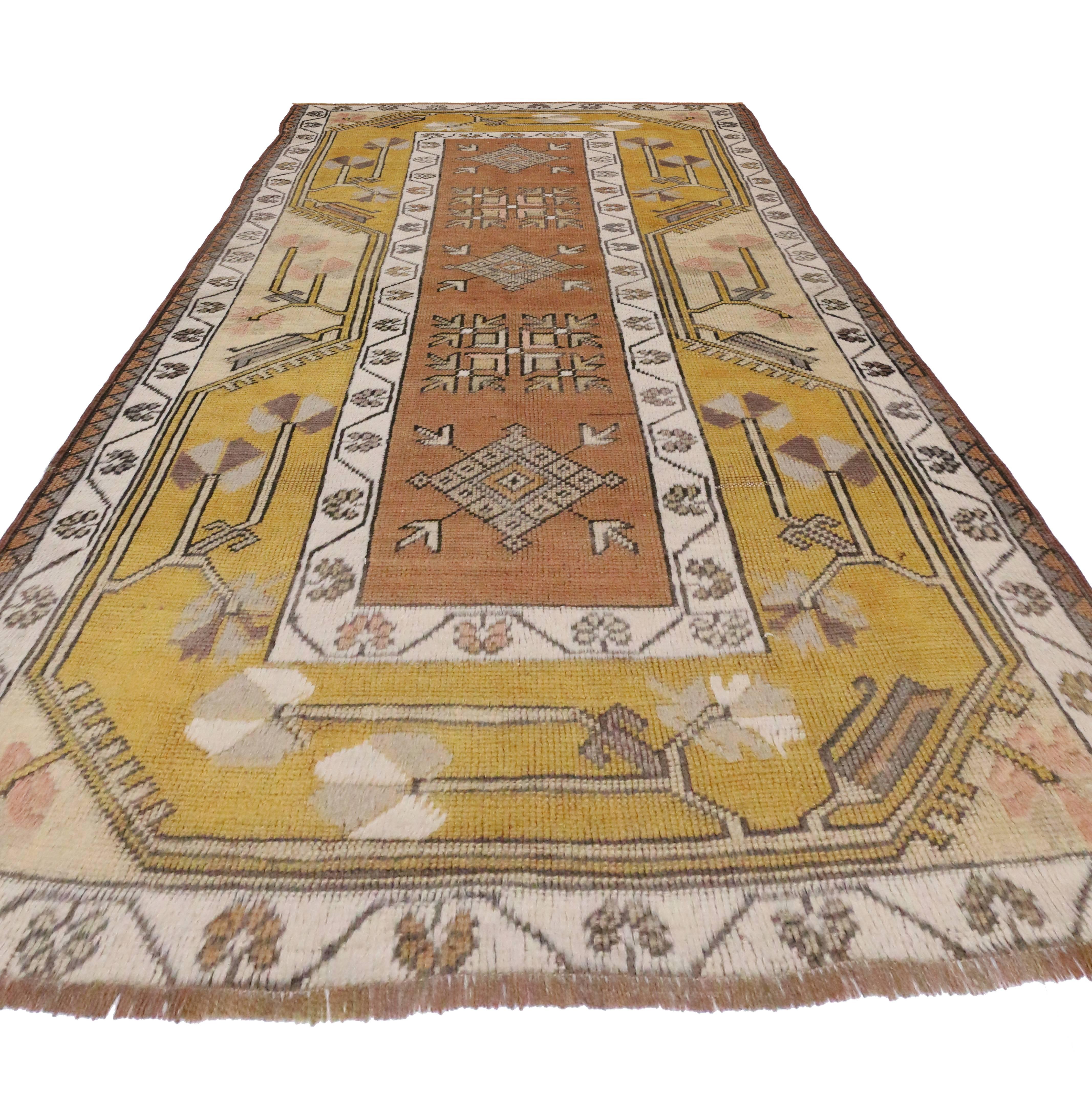 Modern Vintage Oushak Accent Rug in Soft Colors For Sale