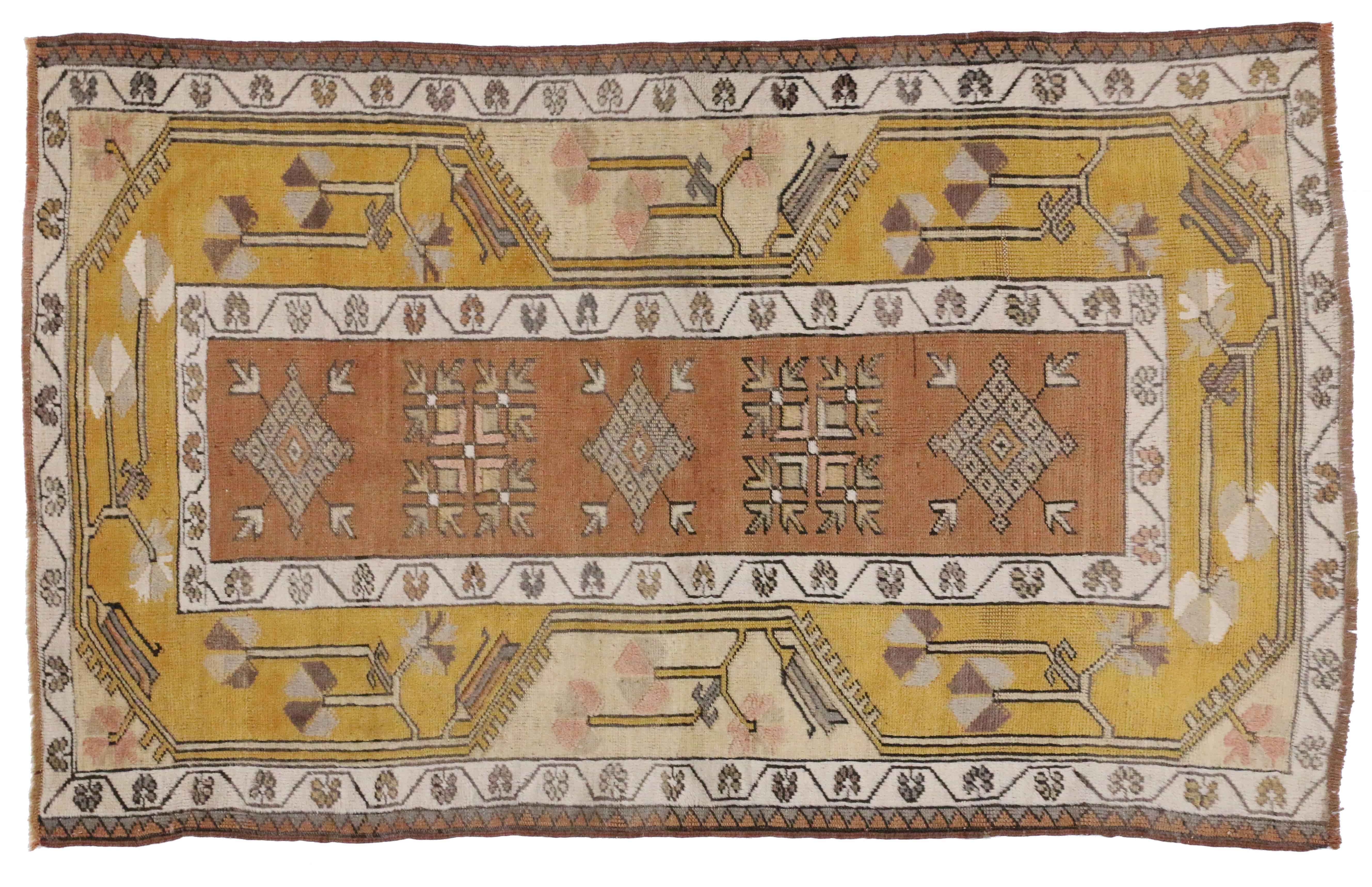 Turkish Vintage Oushak Accent Rug in Soft Colors For Sale