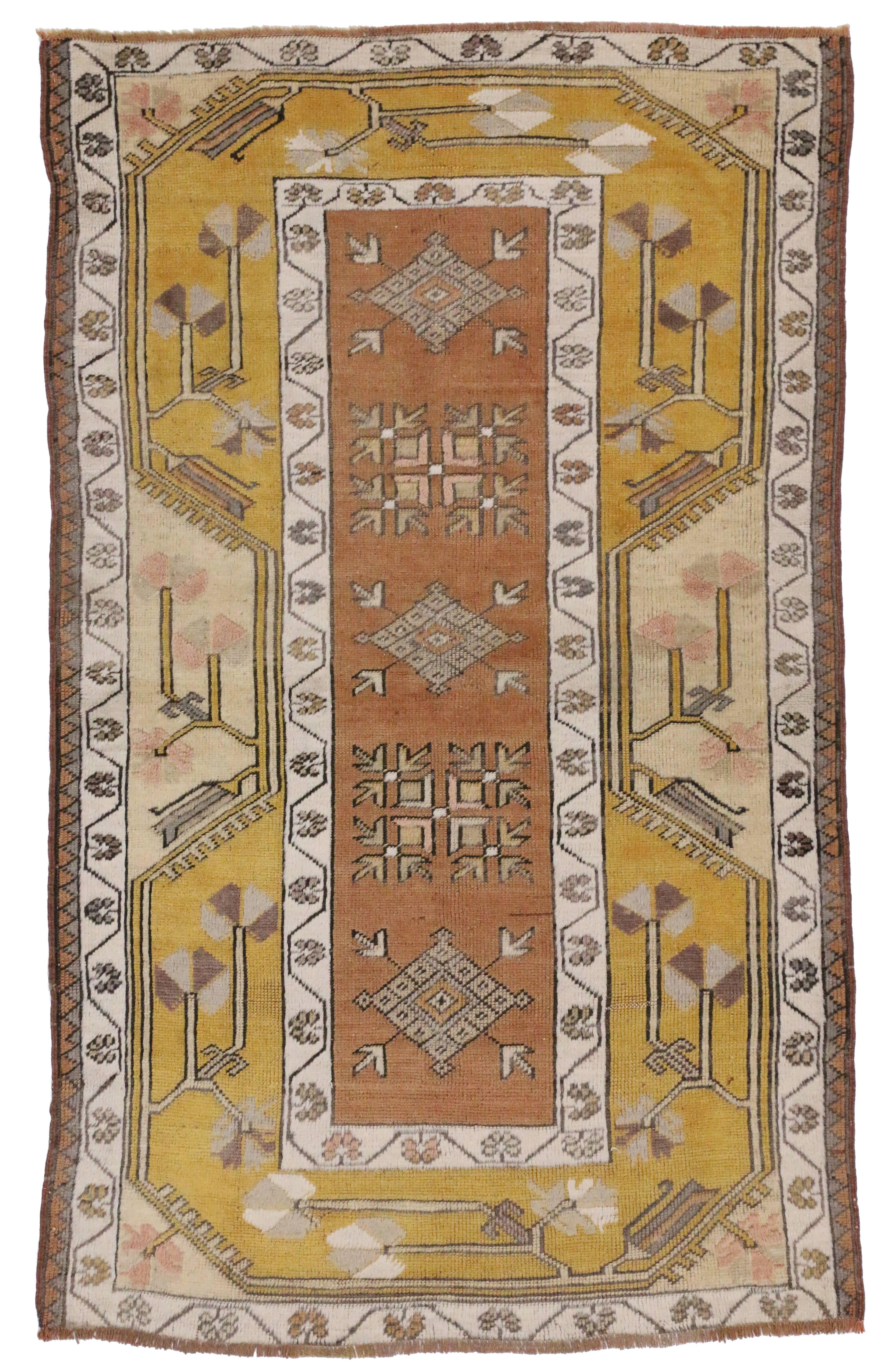 Hand-Knotted Vintage Oushak Accent Rug in Soft Colors For Sale