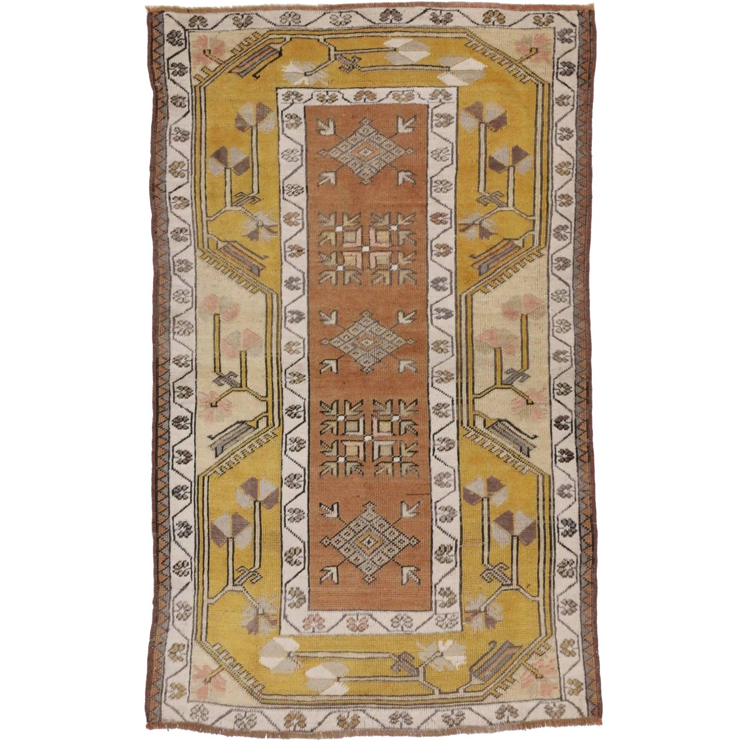 Vintage Oushak Accent Rug in Soft Colors For Sale