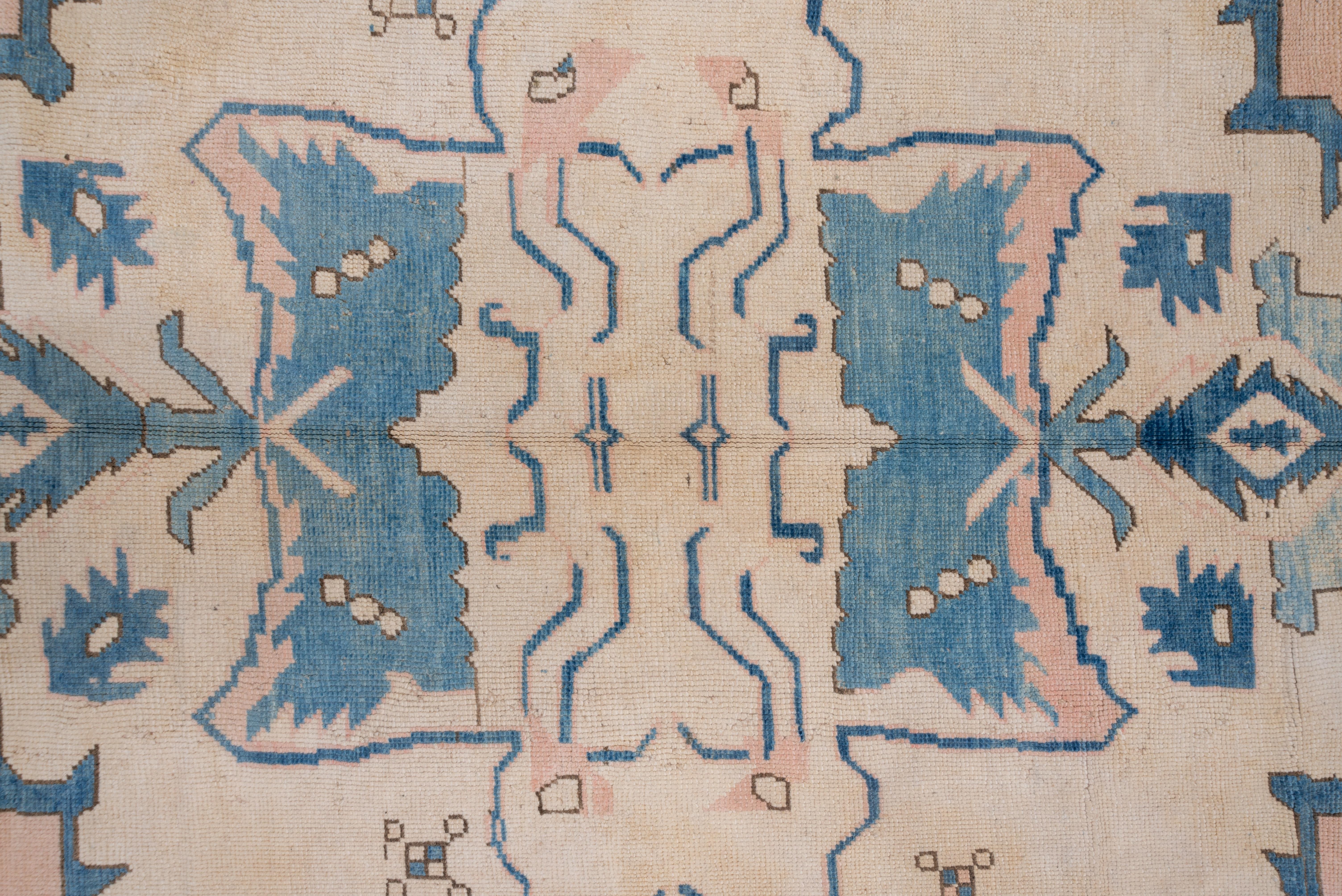 Vintage Oushak Carpet, Blue Pink and Cream Accents In Good Condition For Sale In New York, NY