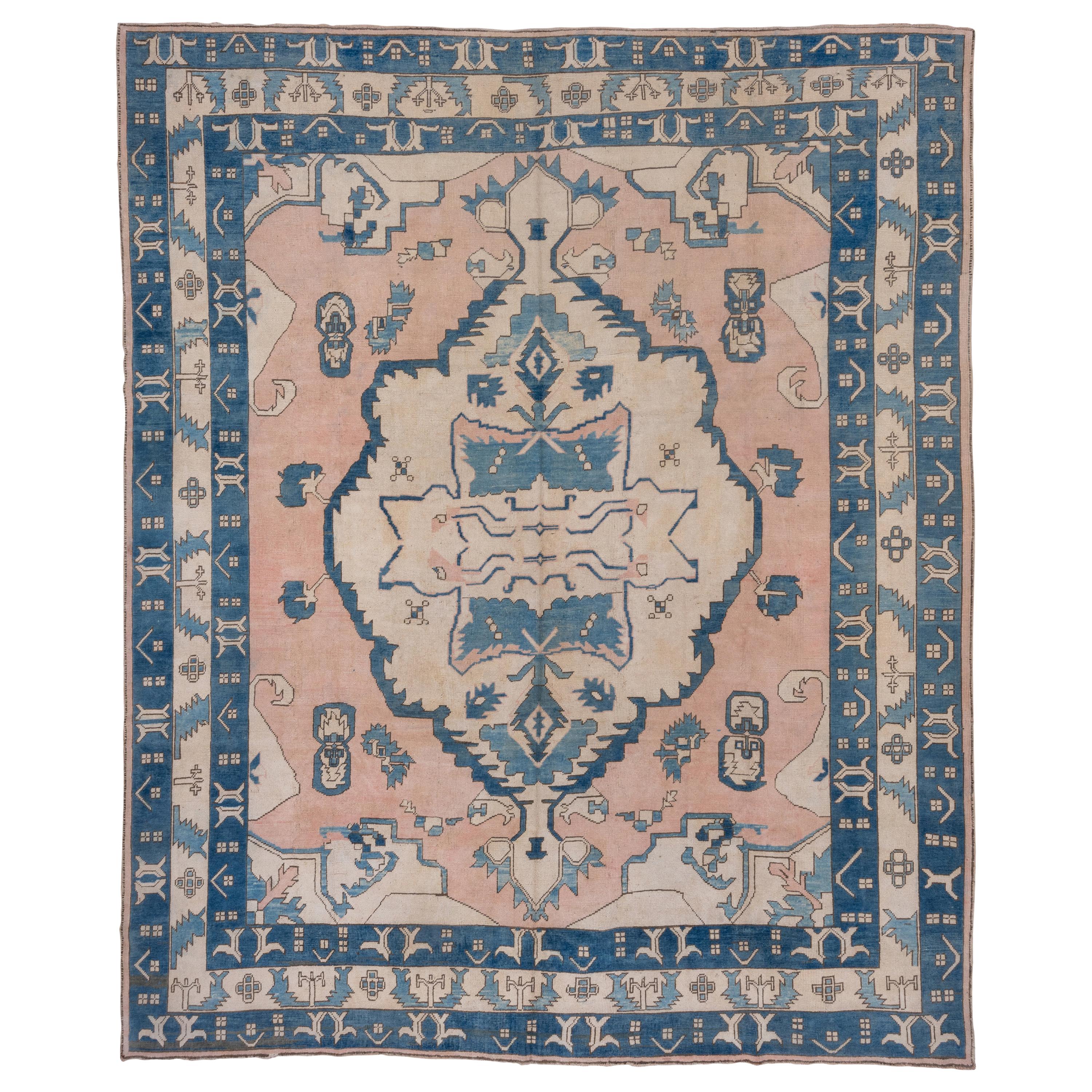 Vintage Oushak Carpet, Blue Pink and Cream Accents
