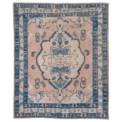 Vintage Oushak Carpet, Blue Pink and Cream Accents