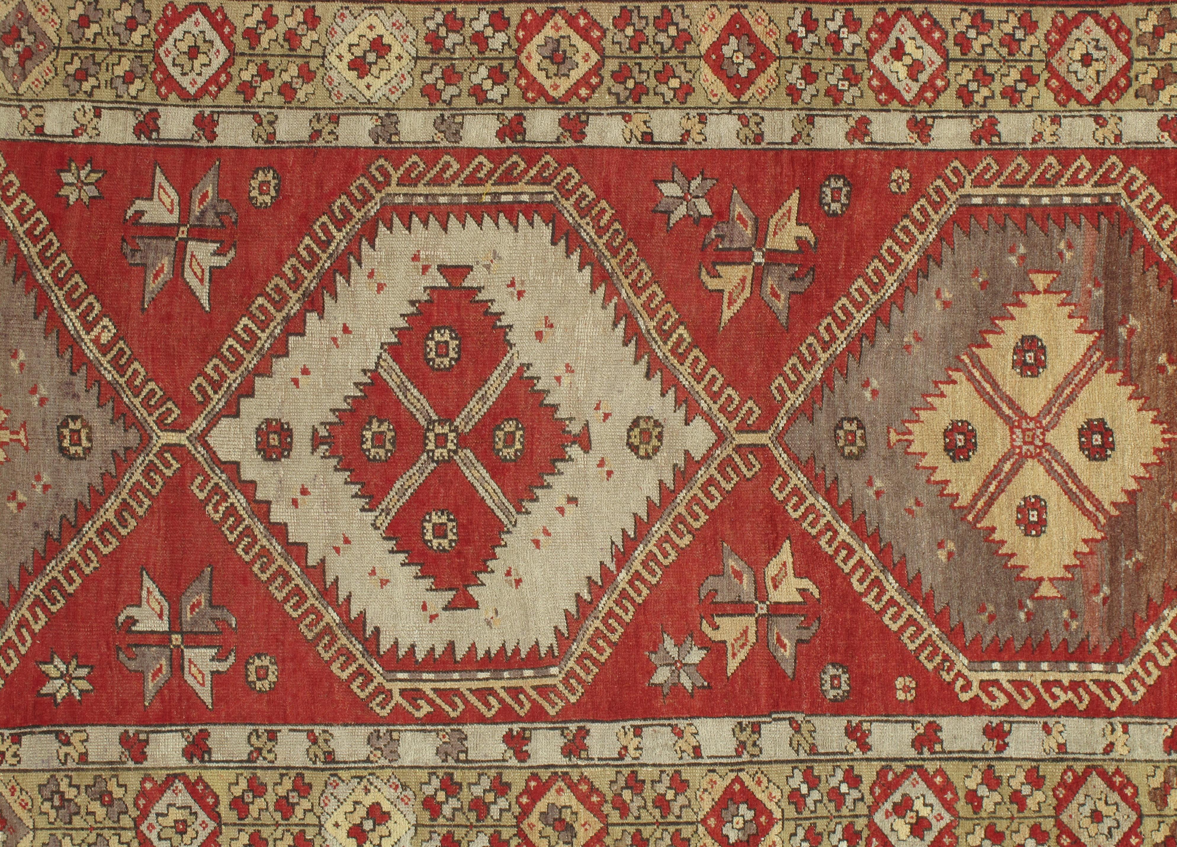 Turkish Vintage Oushak Carpet, Handmade Oriental Rug, Beige, Red, Grey, Off-White For Sale