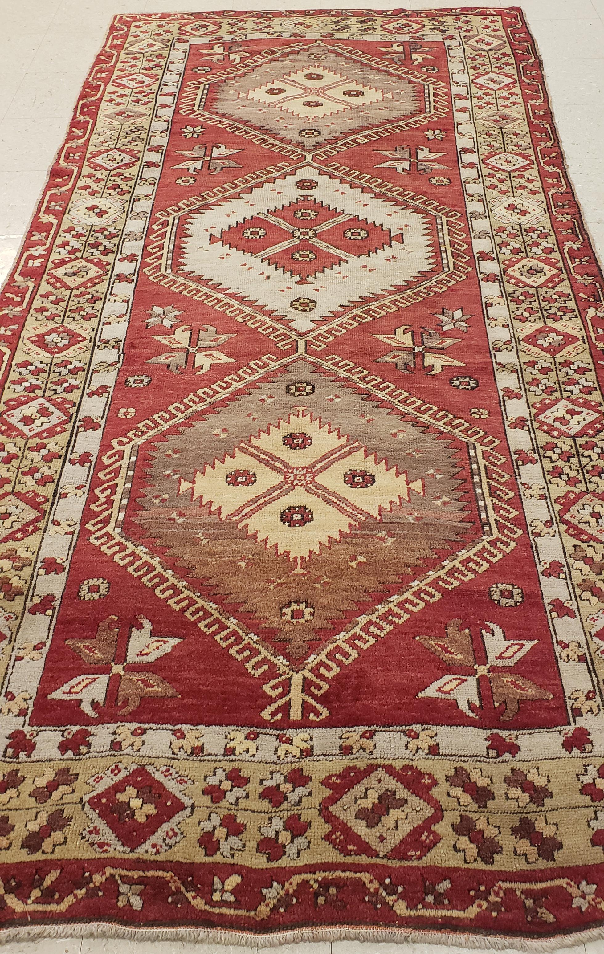 Hand-Knotted Vintage Oushak Carpet, Handmade Oriental Rug, Beige, Red, Grey, Off-White For Sale