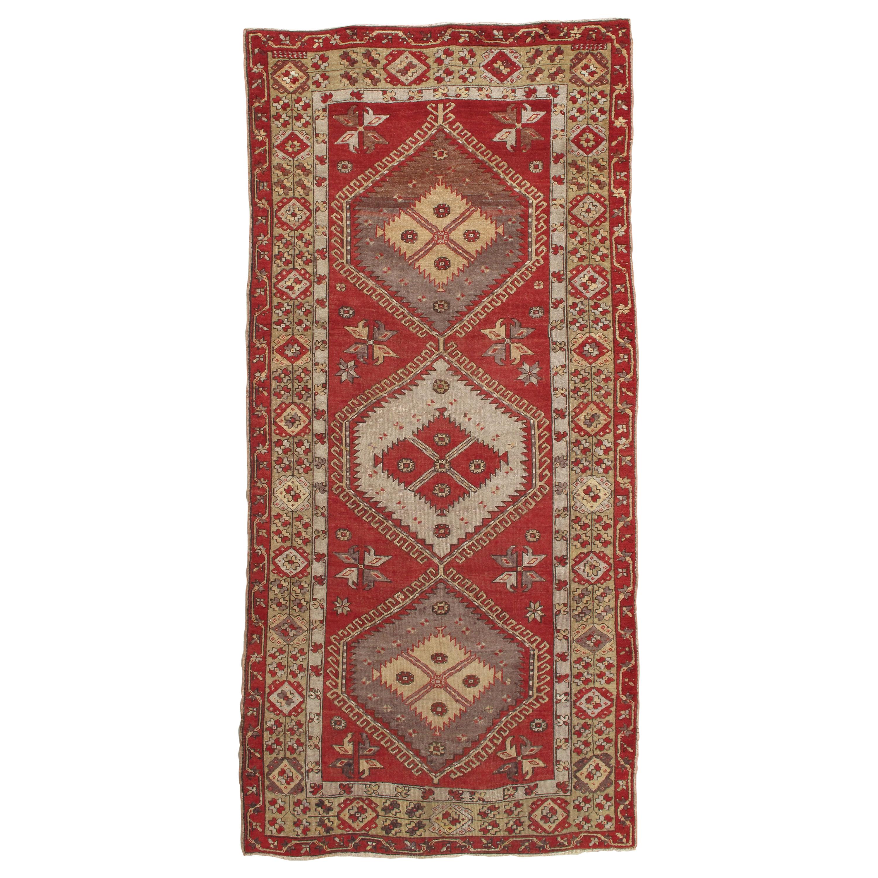 Vintage Oushak Carpet, Handmade Oriental Rug, Beige, Red, Grey, Off-White