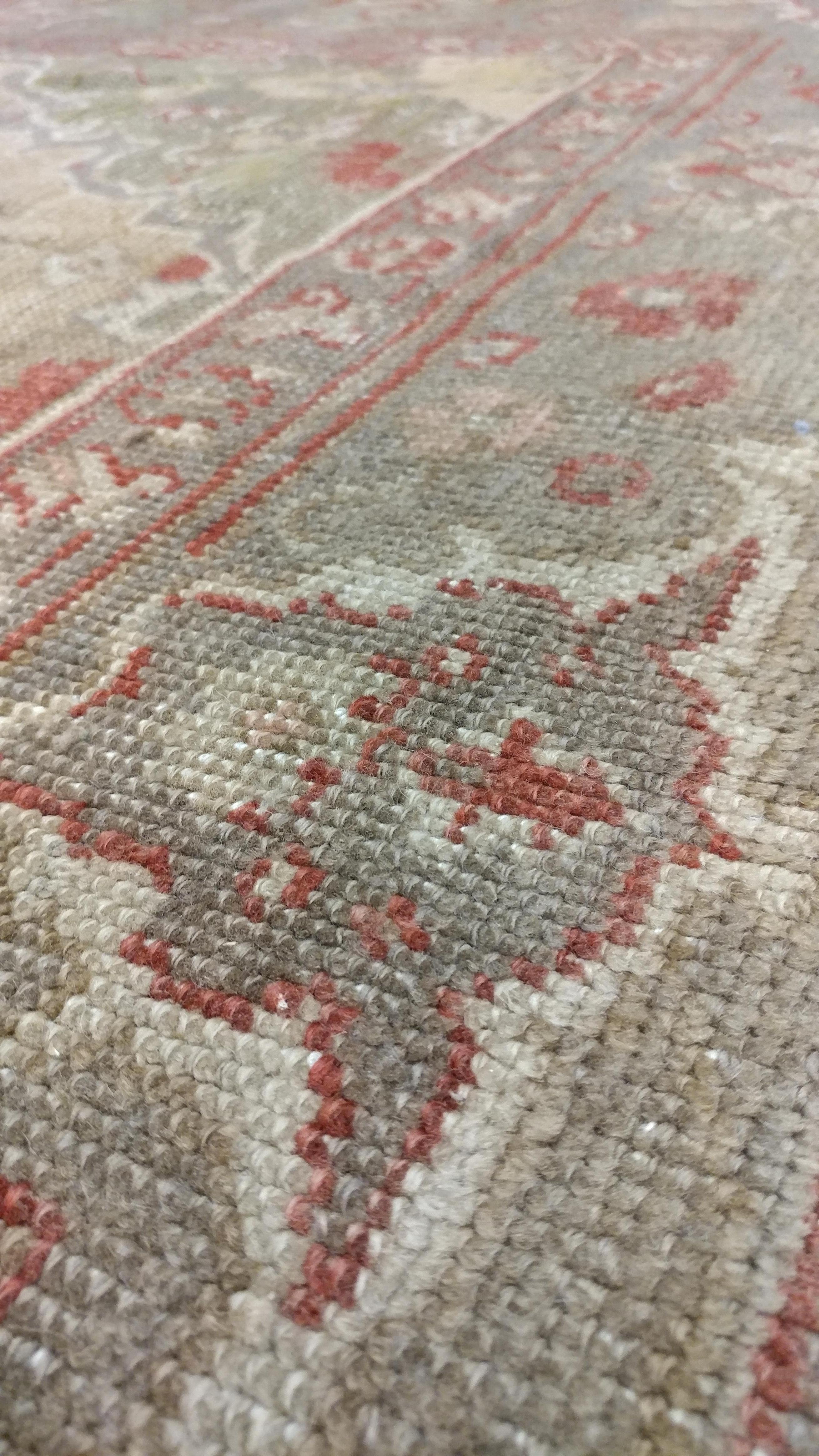 Vintage Oushak Carpet, Handmade Oriental Rug, Pale Caramel, Coral Taupe, Gray For Sale 6