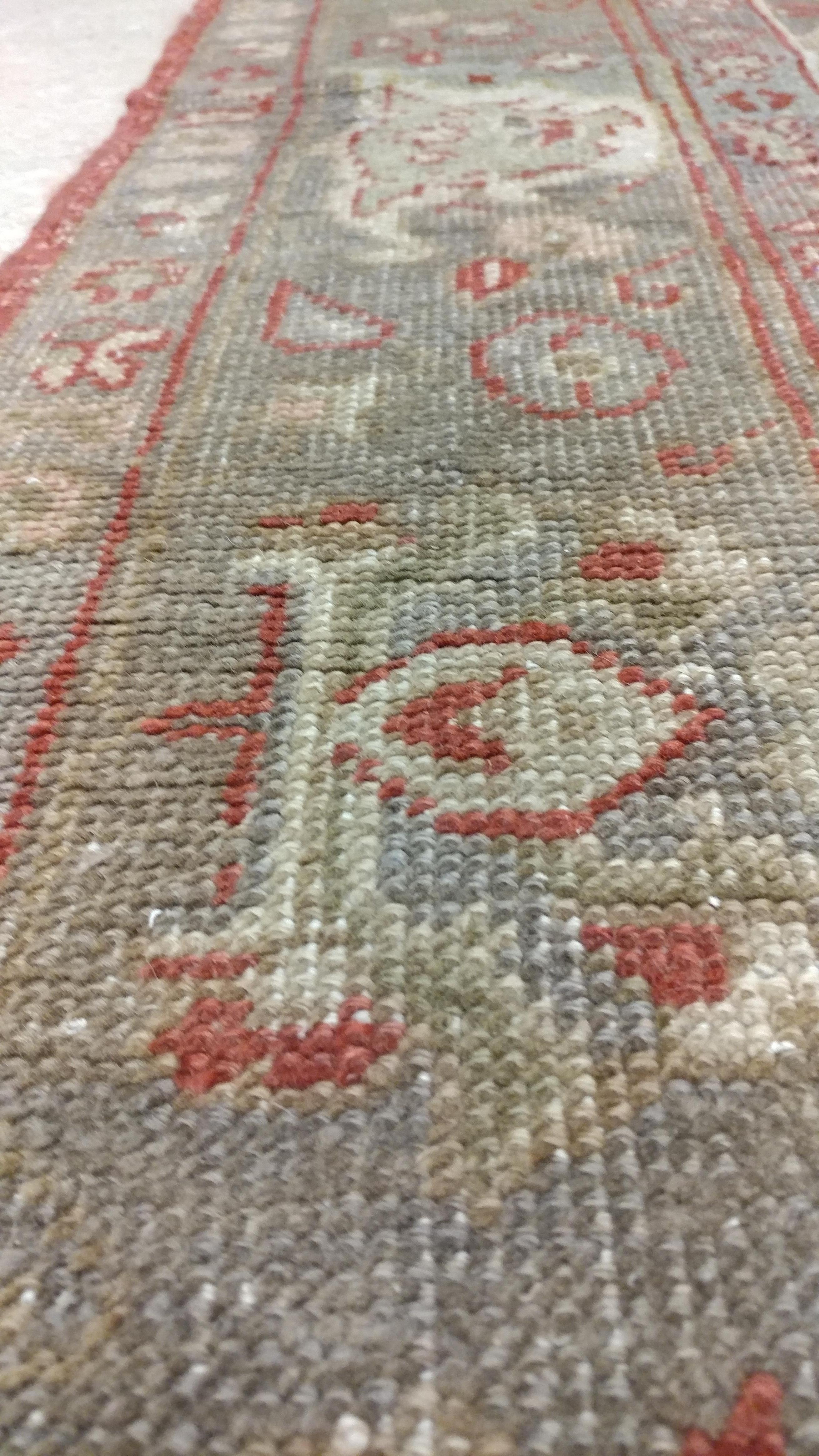 Vintage Oushak Carpet, Handmade Oriental Rug, Pale Caramel, Coral Taupe, Gray For Sale 2
