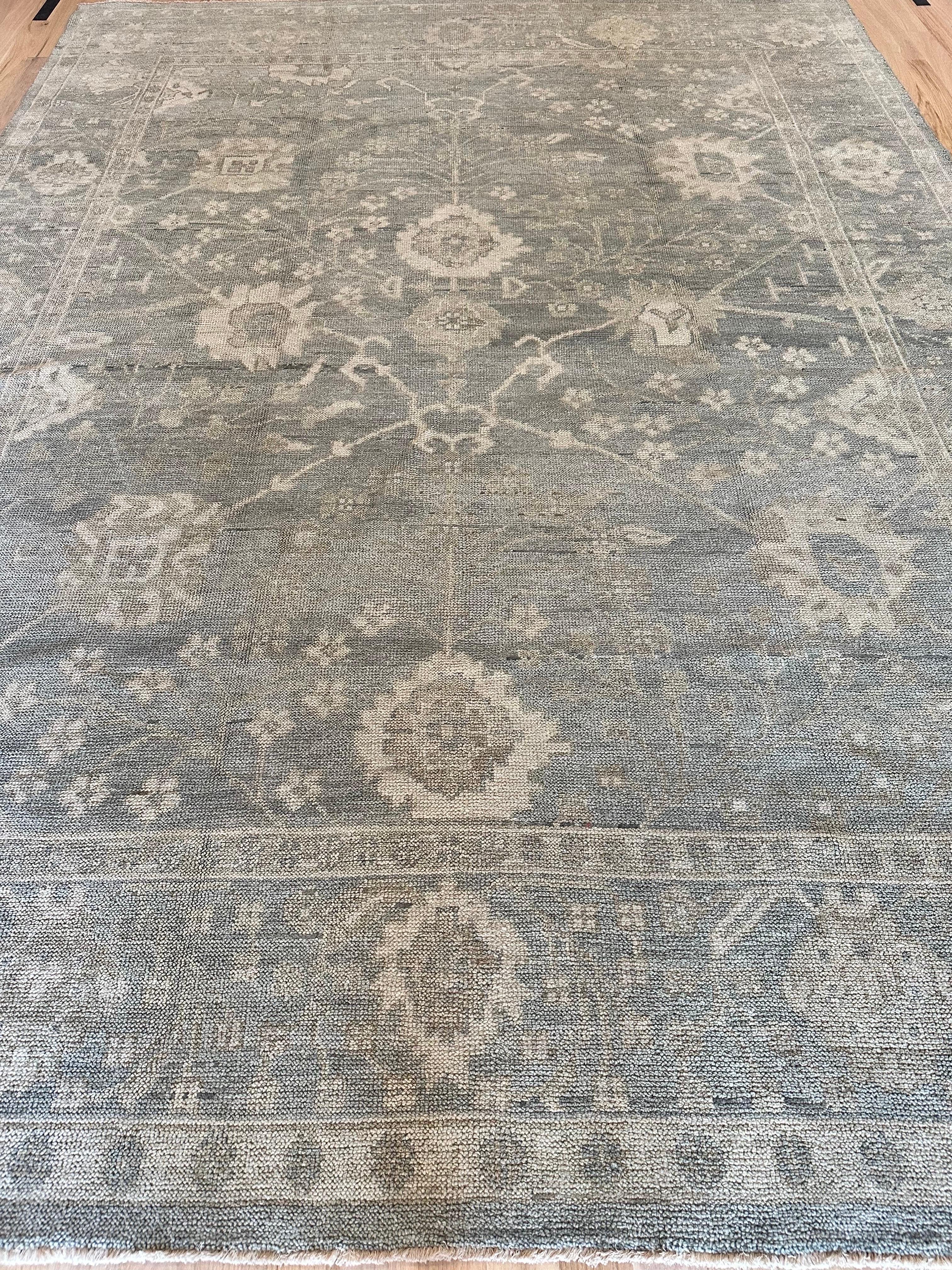 Vintage Oushak Carpet, Oriental Rug, Handmade Green Grey, Ivory, Saffron For Sale 3