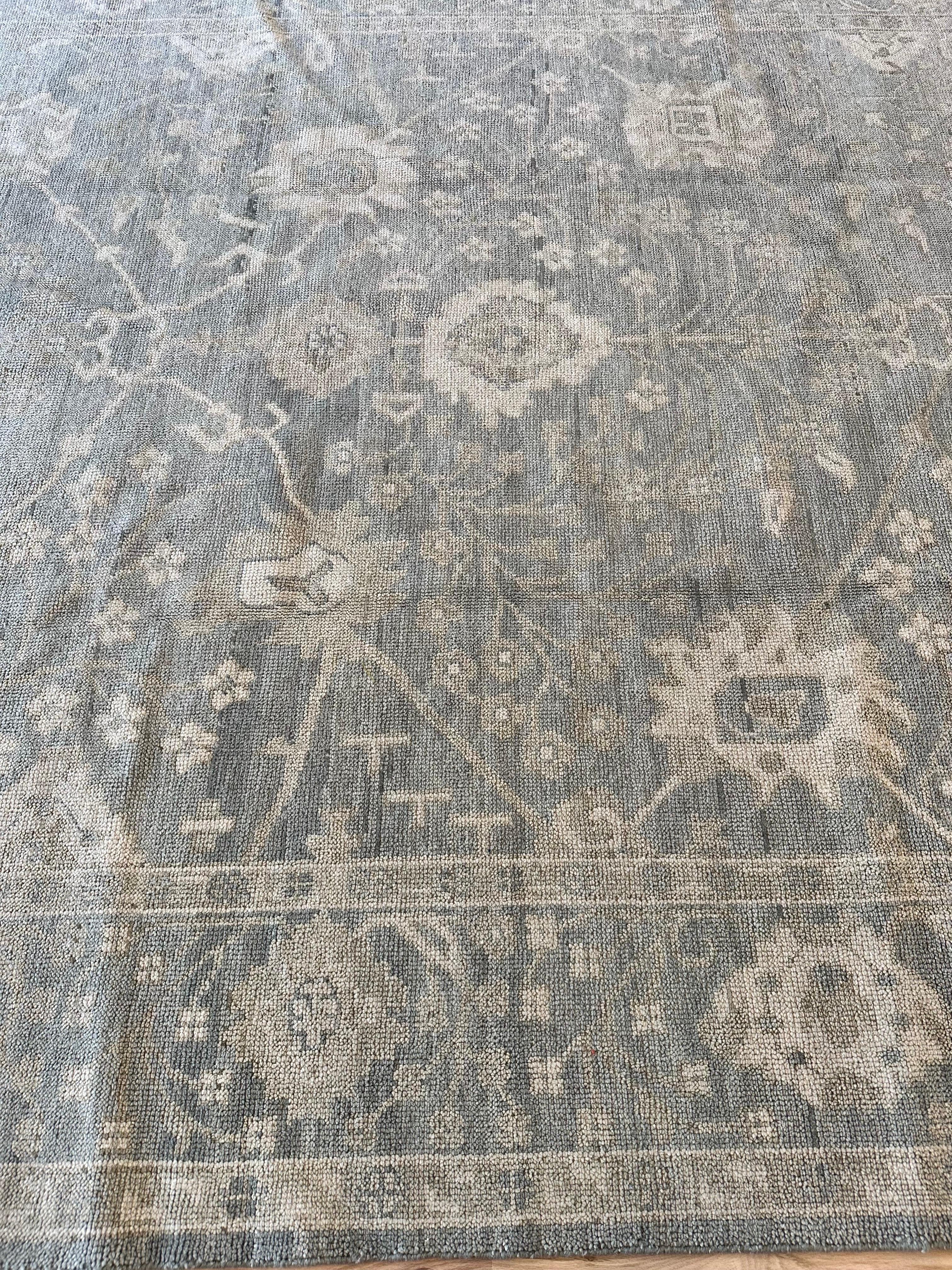 Vintage Oushak Carpet, Oriental Rug, Handmade Green Grey, Ivory, Saffron For Sale 4