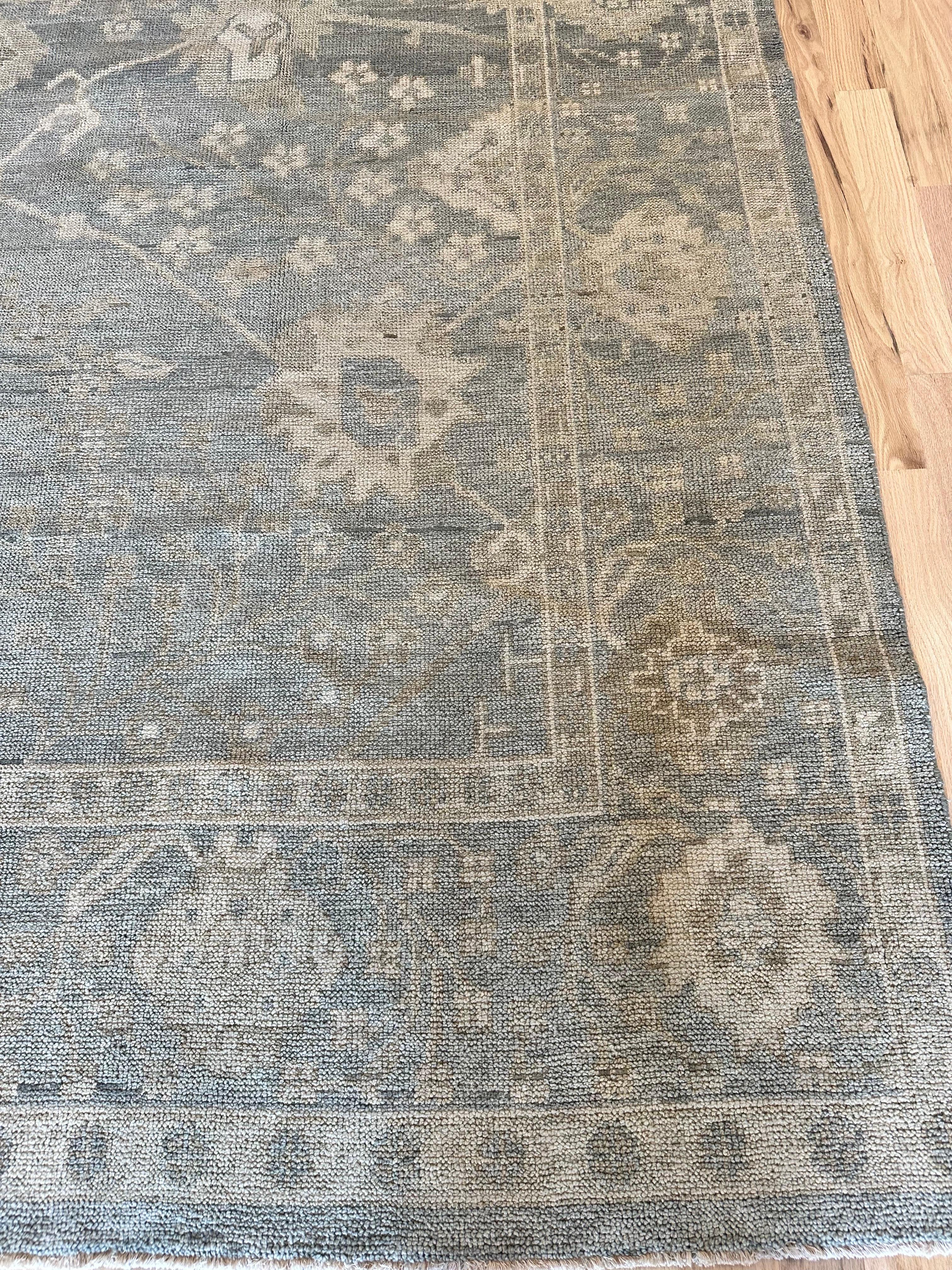 Vintage Oushak Carpet, Oriental Rug, Handmade Green Grey, Ivory, Saffron For Sale 6