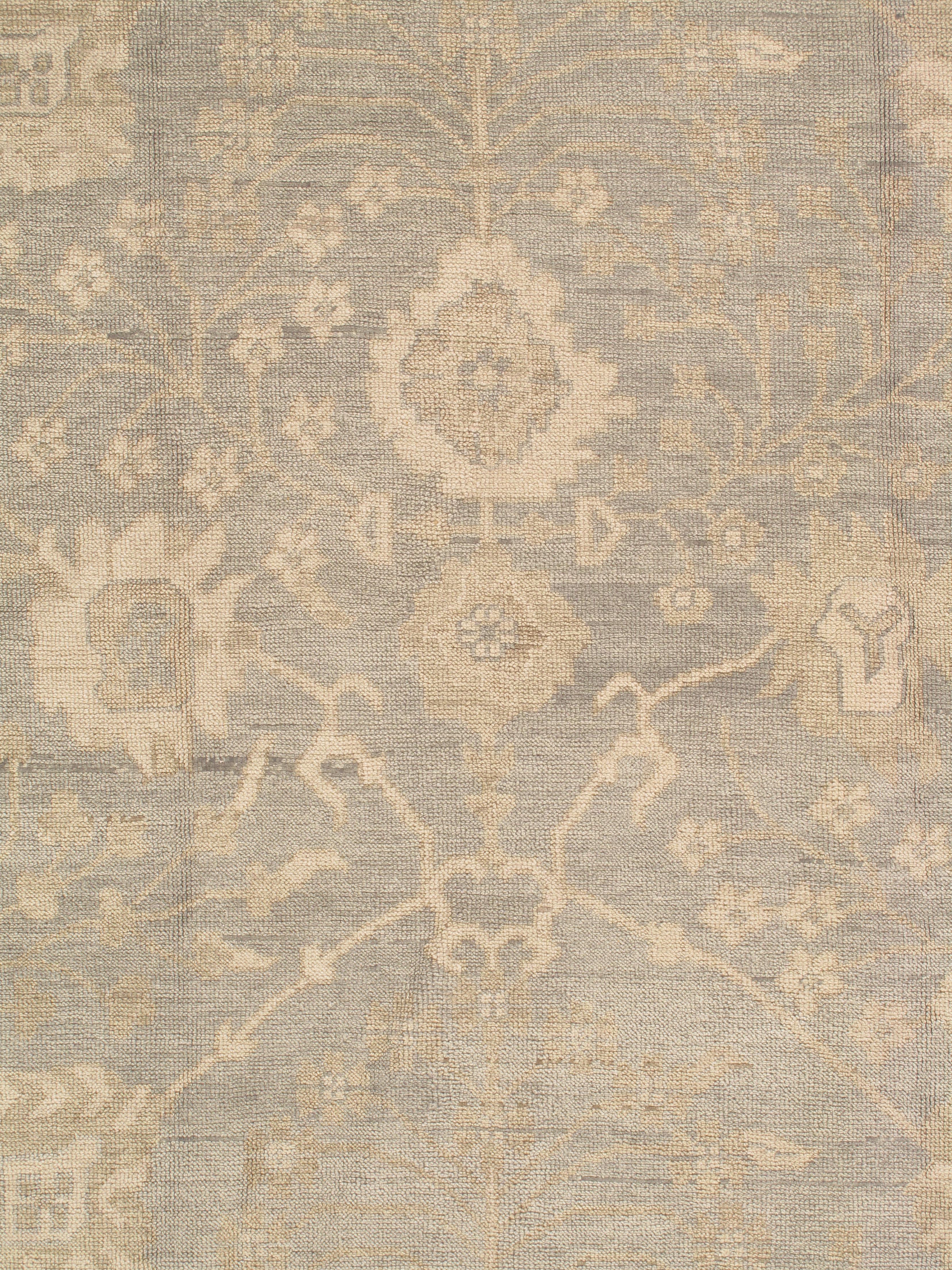 Indian Vintage Oushak Carpet, Oriental Rug, Handmade Green Grey, Ivory, Saffron For Sale