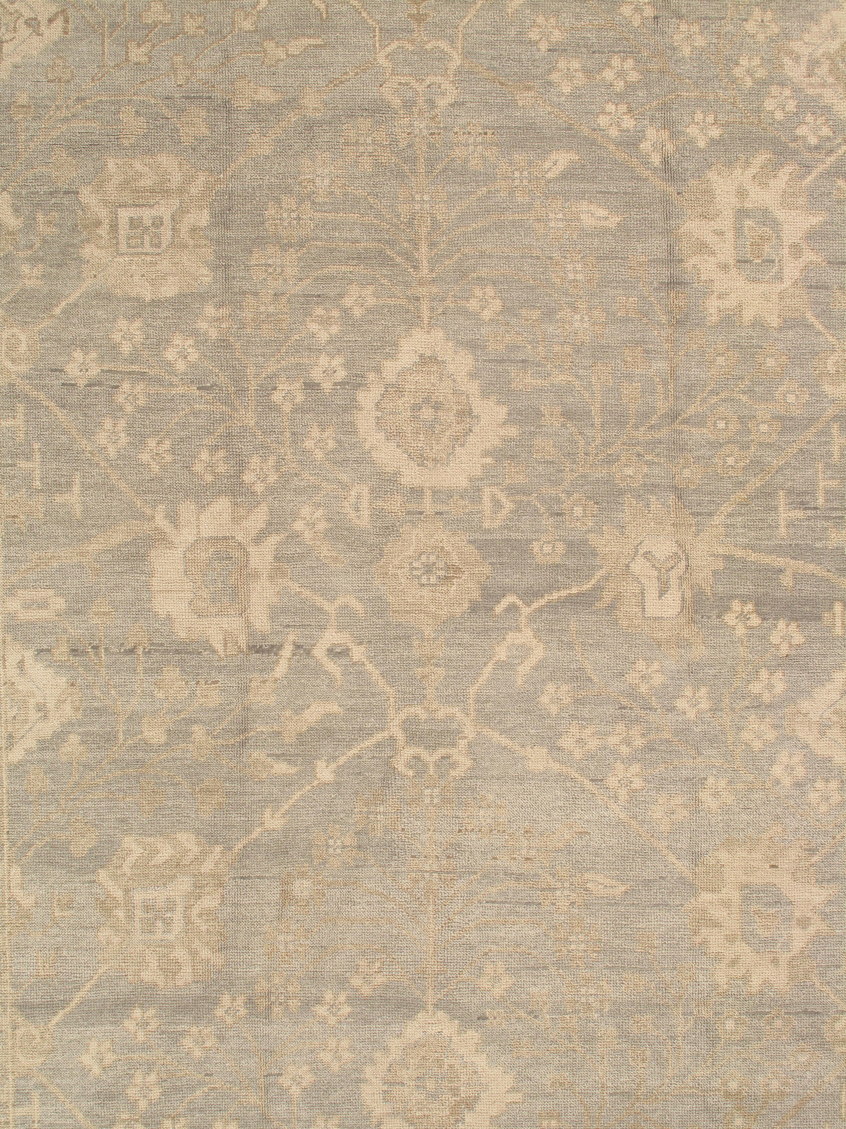 Hand-Knotted Vintage Oushak Carpet, Oriental Rug, Handmade Green Grey, Ivory, Saffron For Sale