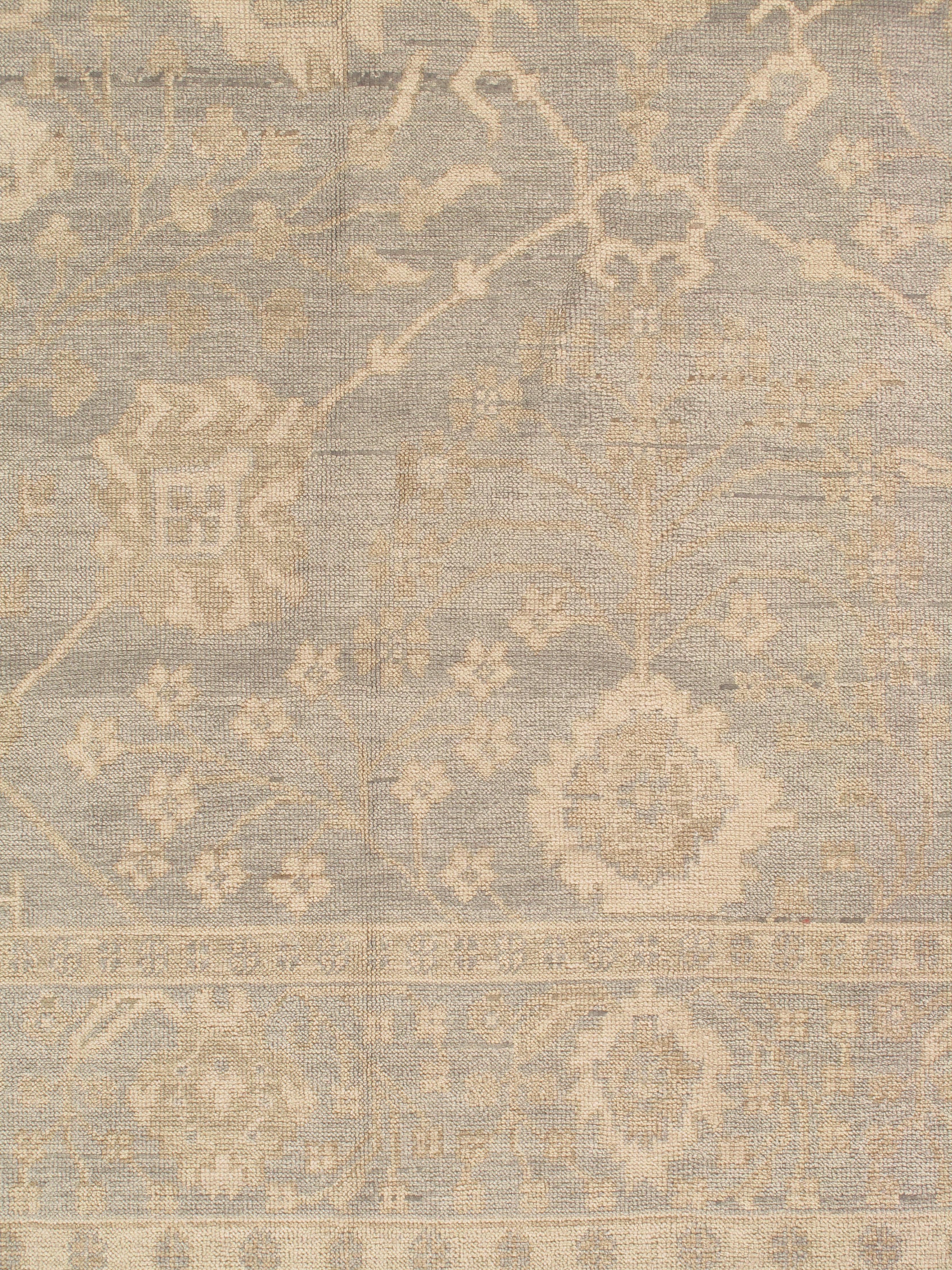 Contemporary Vintage Oushak Carpet, Oriental Rug, Handmade Green Grey, Ivory, Saffron For Sale