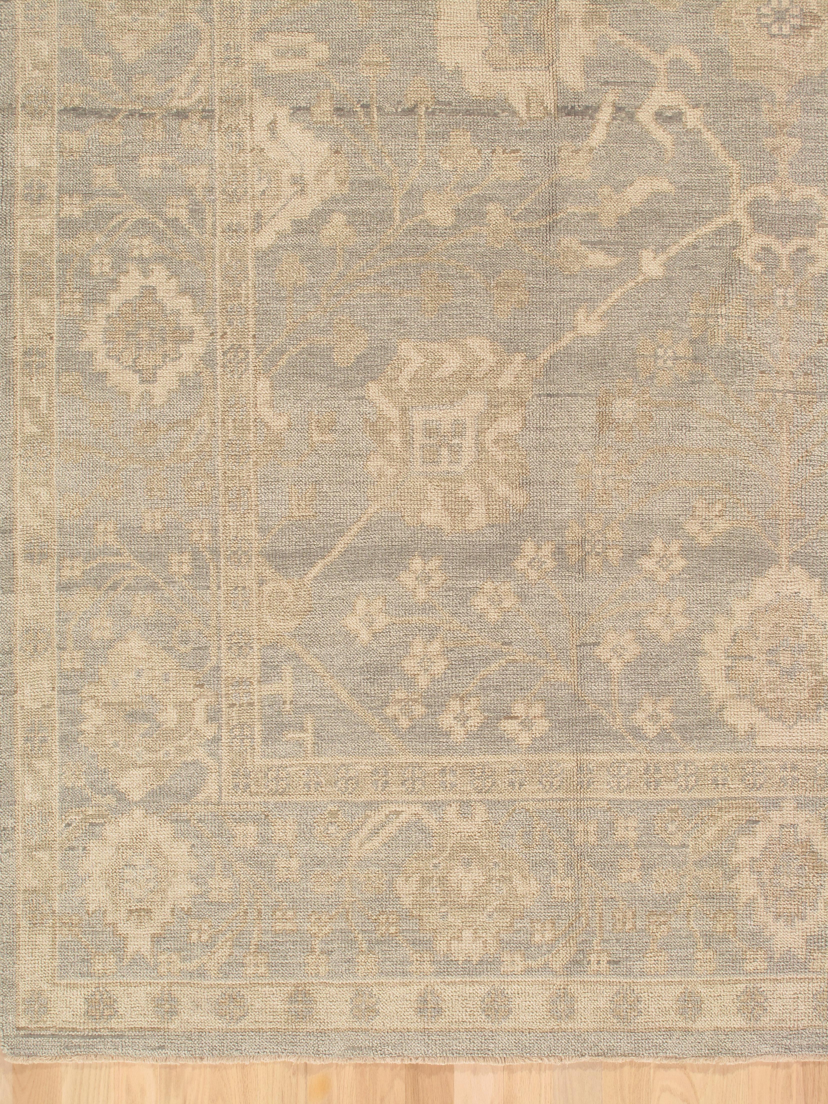 Vintage Oushak Carpet, Oriental Rug, Handmade Green Grey, Ivory, Saffron For Sale 1