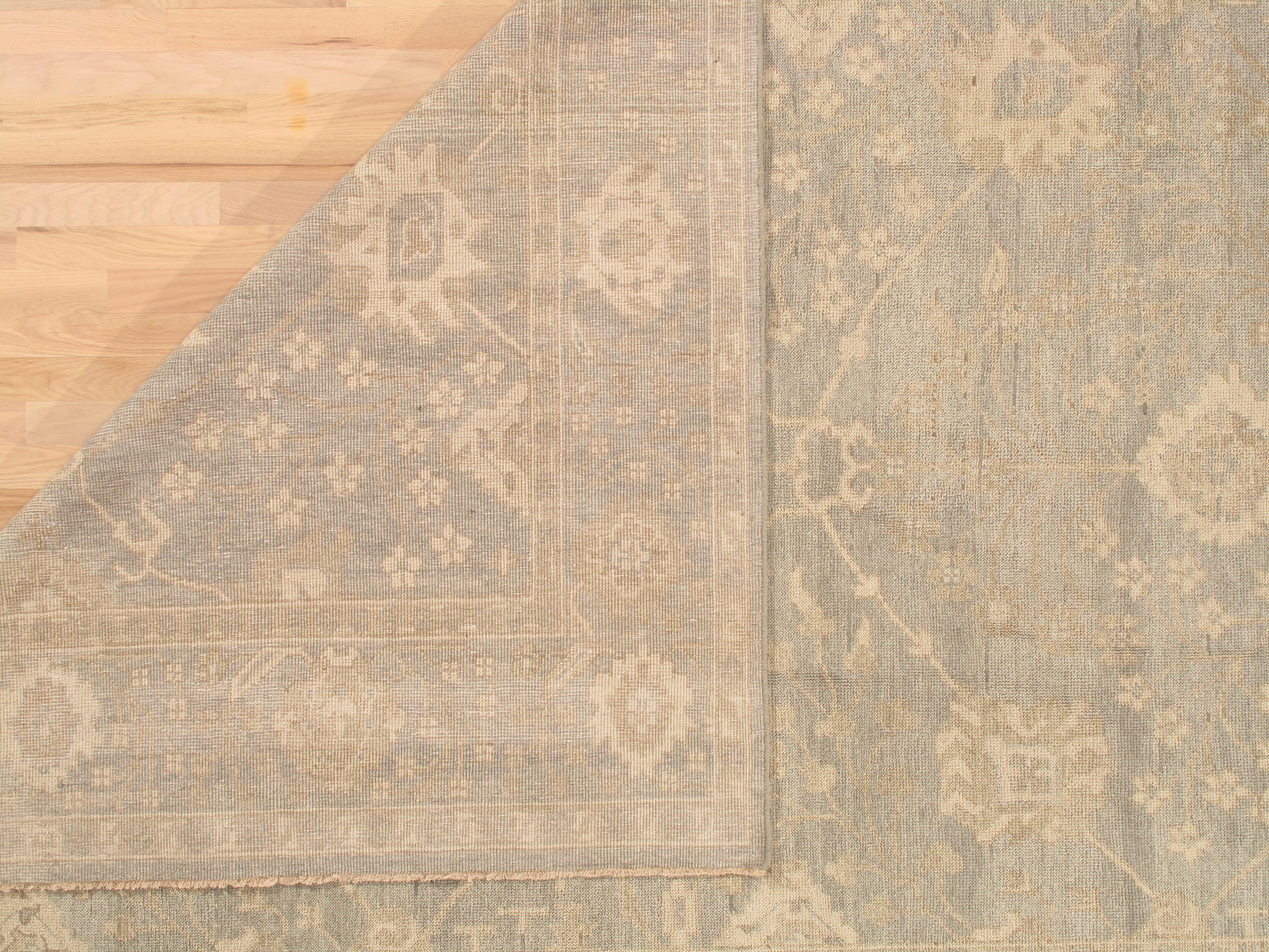 Vintage Oushak Carpet, Oriental Rug, Handmade Green Grey, Ivory, Saffron For Sale 2