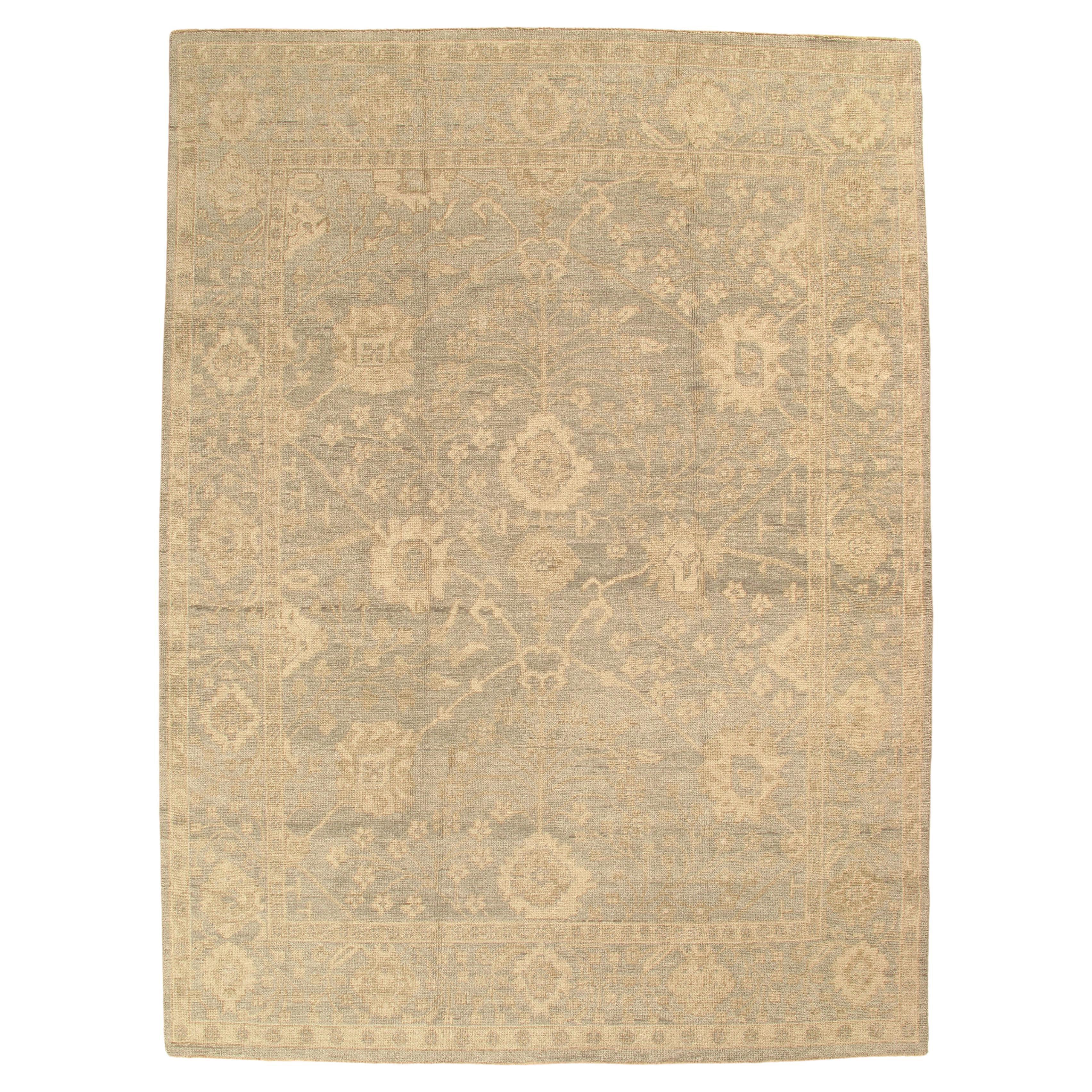 Vintage Oushak Carpet, Oriental Rug, Handmade Green Grey, Ivory, Saffron