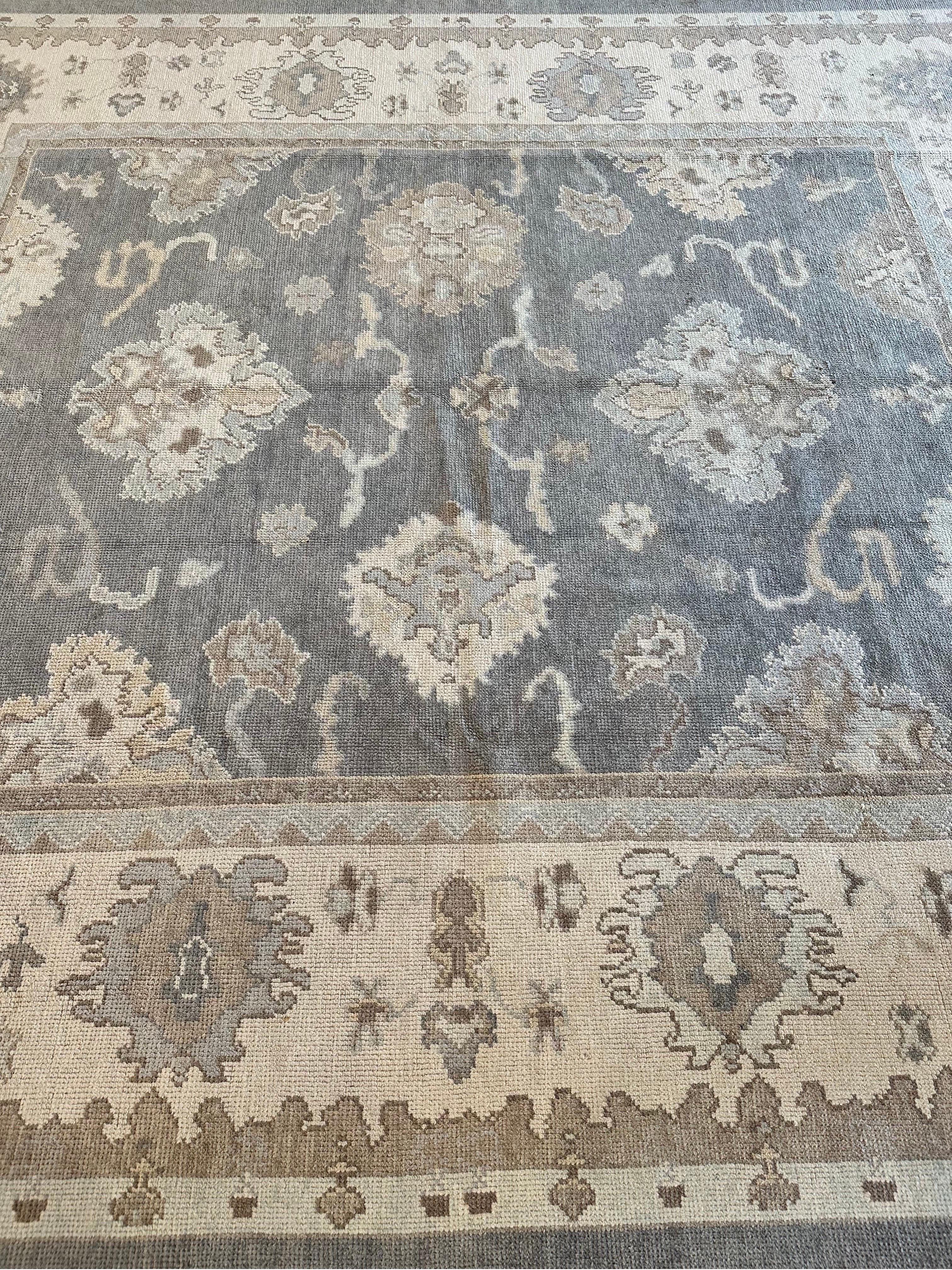Vintage Oushak Carpet, Oriental Rug, Handmade Grey, Ivory, Saffron For Sale 4