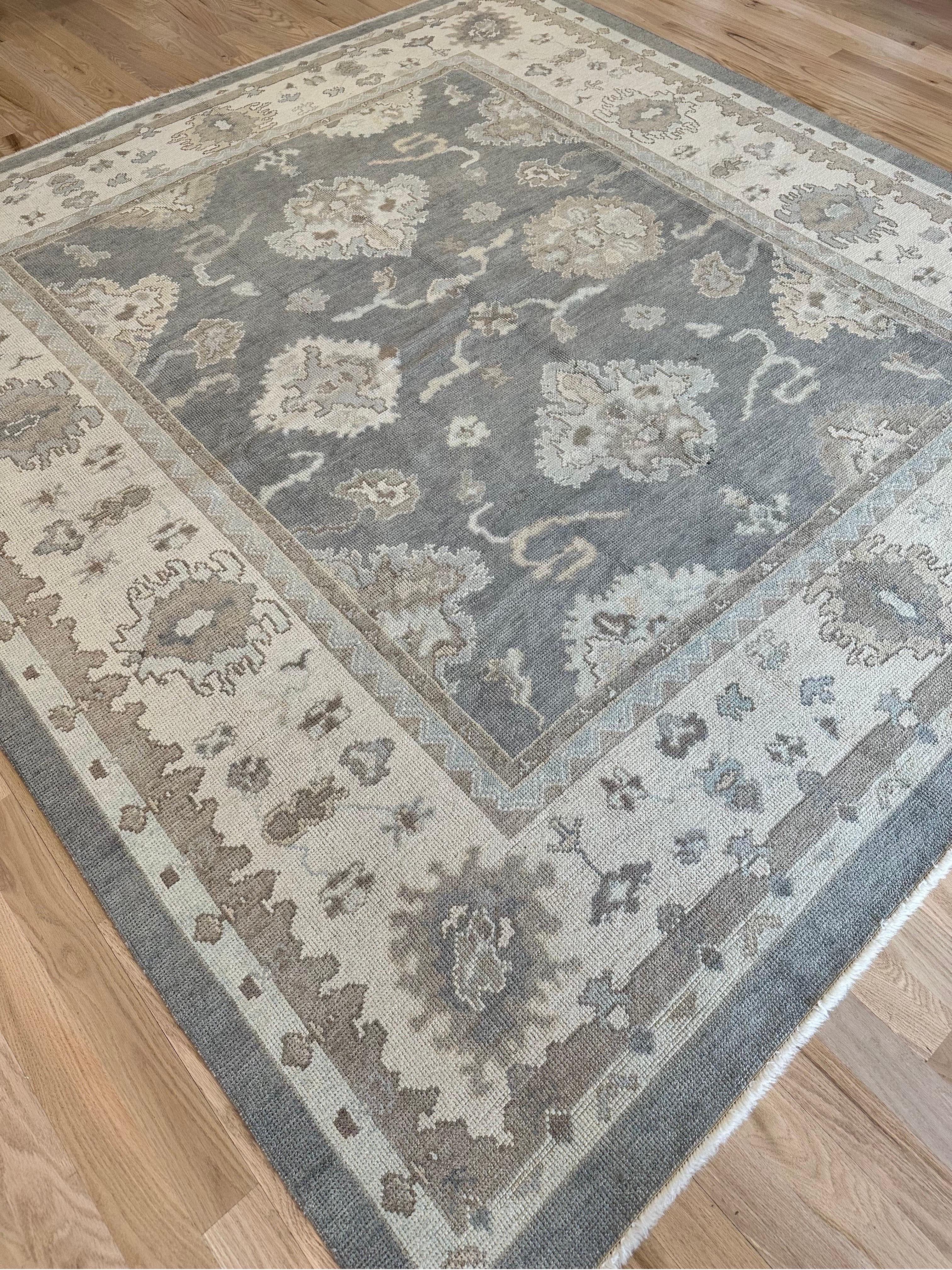Vintage Oushak Carpet, Oriental Rug, Handmade Grey, Ivory, Saffron For Sale 5
