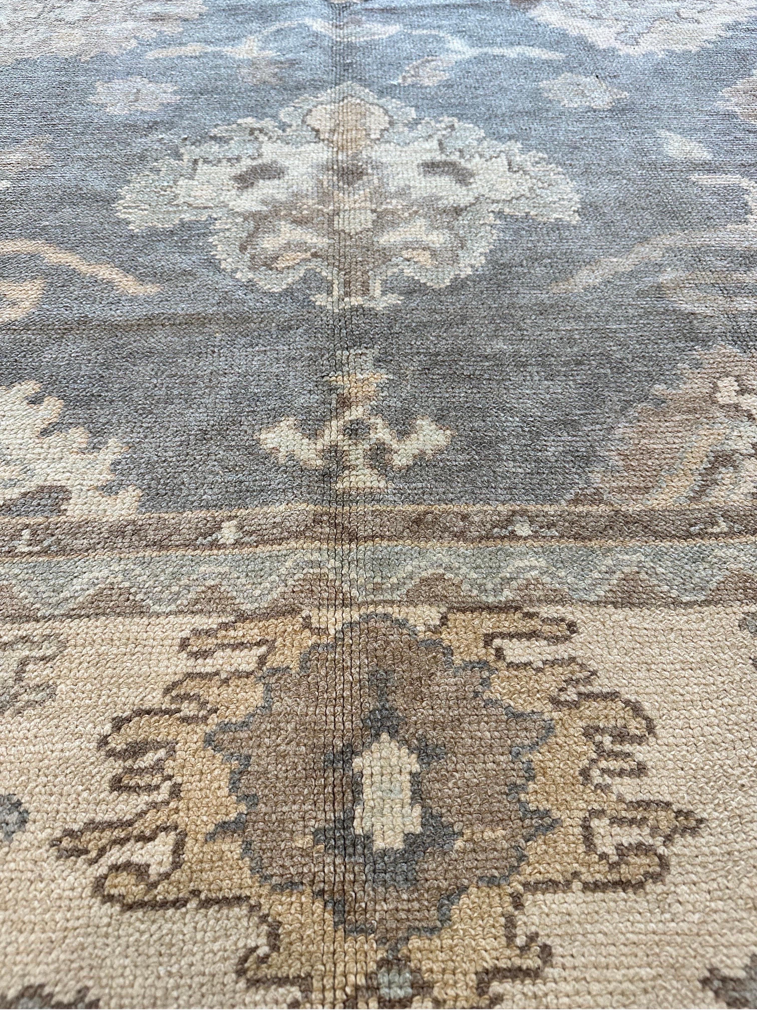 Vintage Oushak Carpet, Oriental Rug, Handmade Grey, Ivory, Saffron For Sale 6