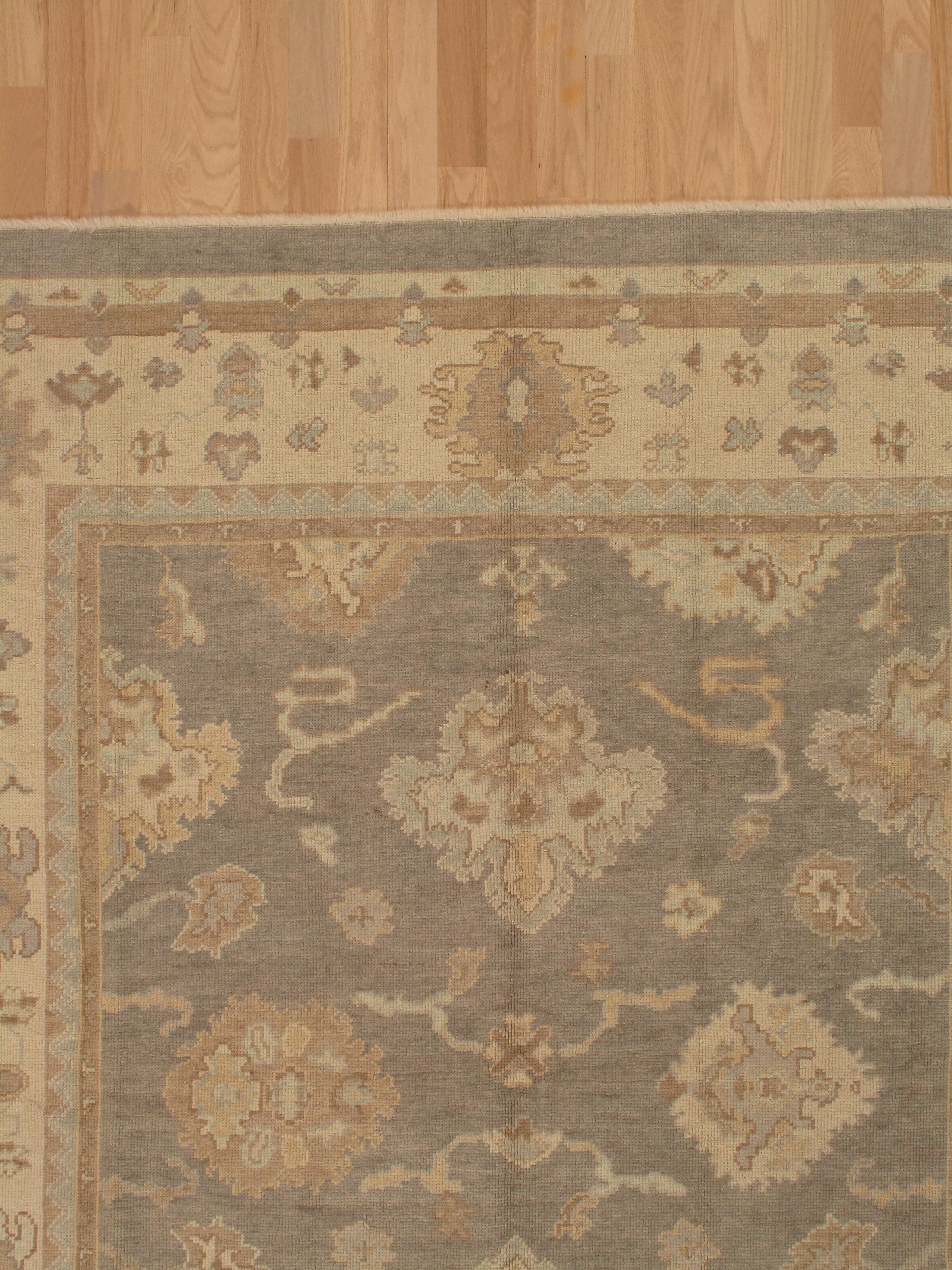 Turkish Vintage Oushak Carpet, Oriental Rug, Handmade Grey, Ivory, Saffron For Sale