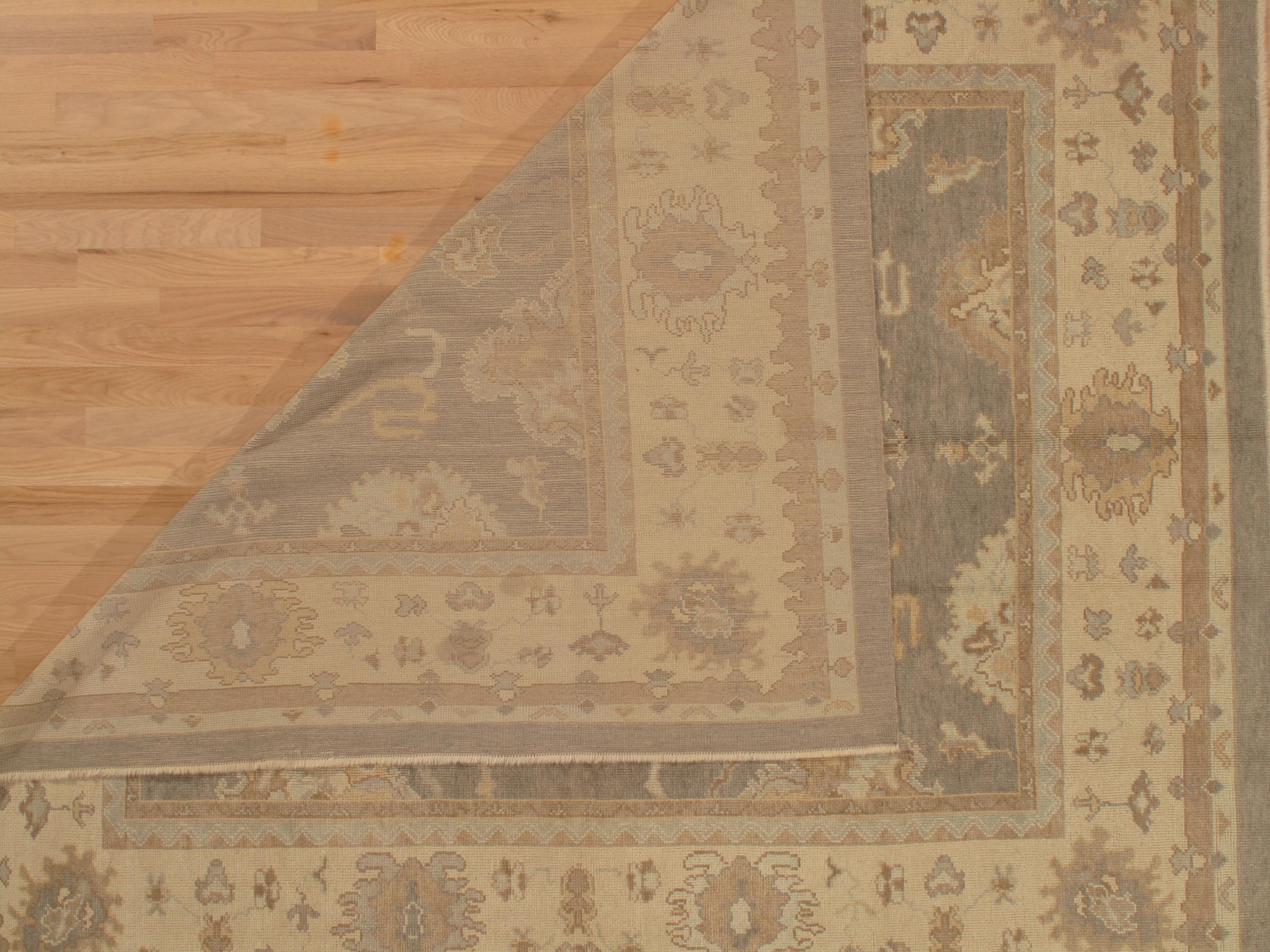Contemporary Vintage Oushak Carpet, Oriental Rug, Handmade Grey, Ivory, Saffron For Sale
