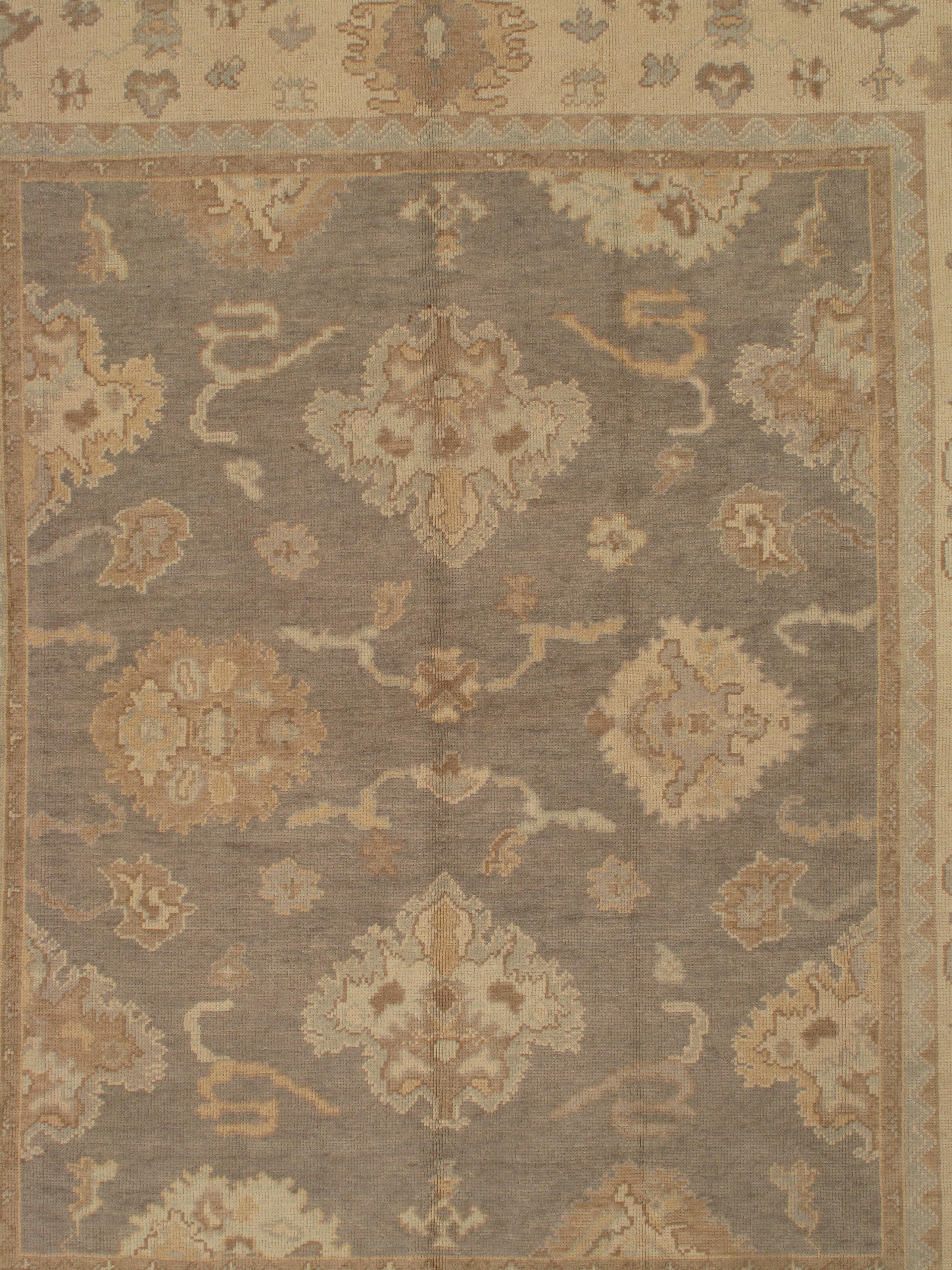 Vintage Oushak Carpet, Oriental Rug, Handmade Grey, Ivory, Saffron For Sale 1