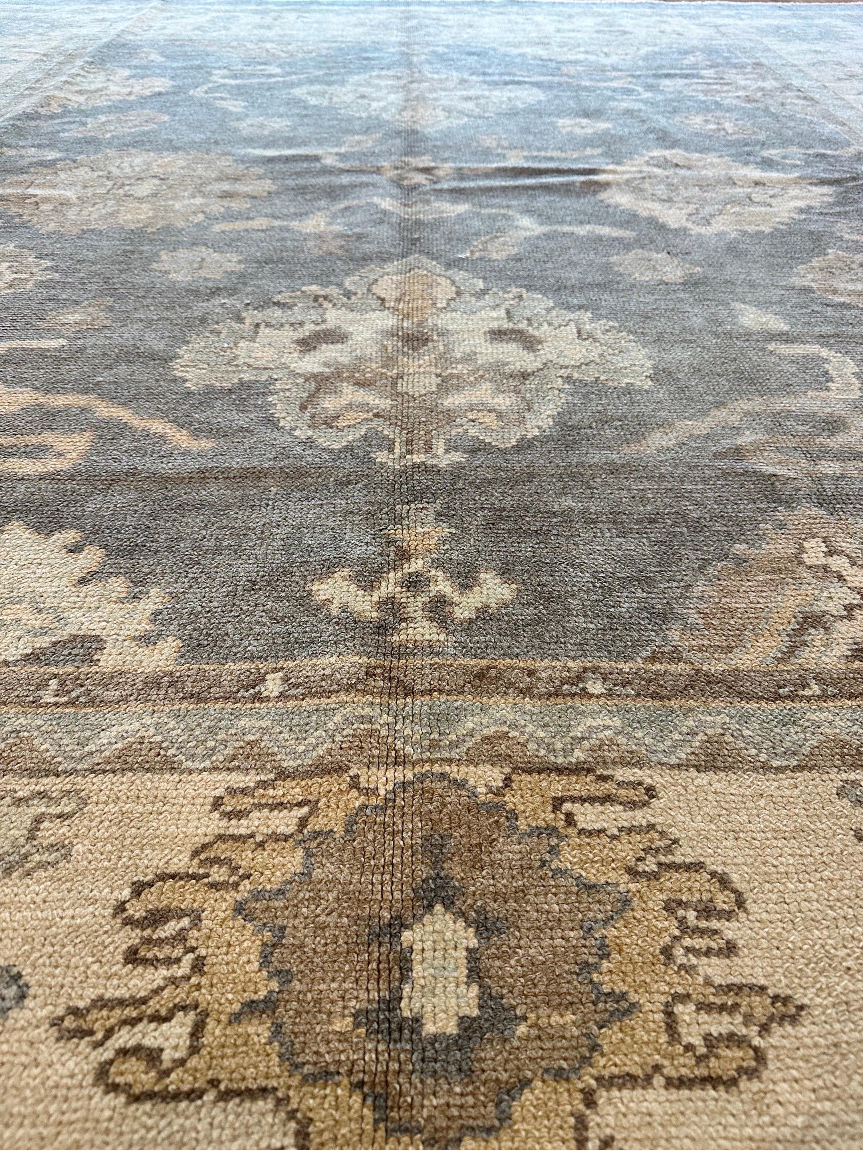 Vintage Oushak Carpet, Oriental Rug, Handmade Grey, Ivory, Saffron For Sale 2