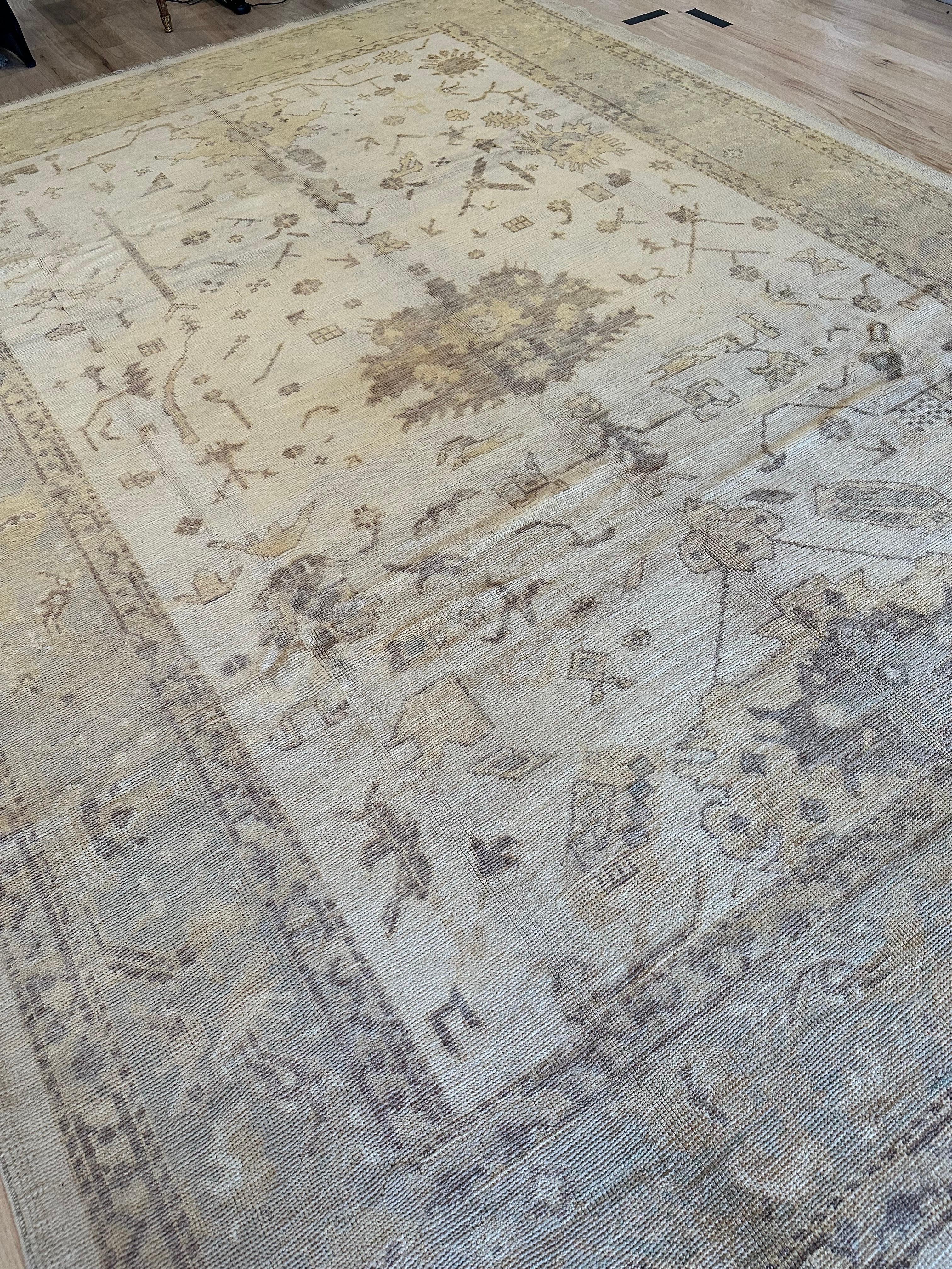 Vintage Oushak Carpet, Oriental Rug, Handmade, Ivory, Gray, Saffron, Yellow For Sale 3