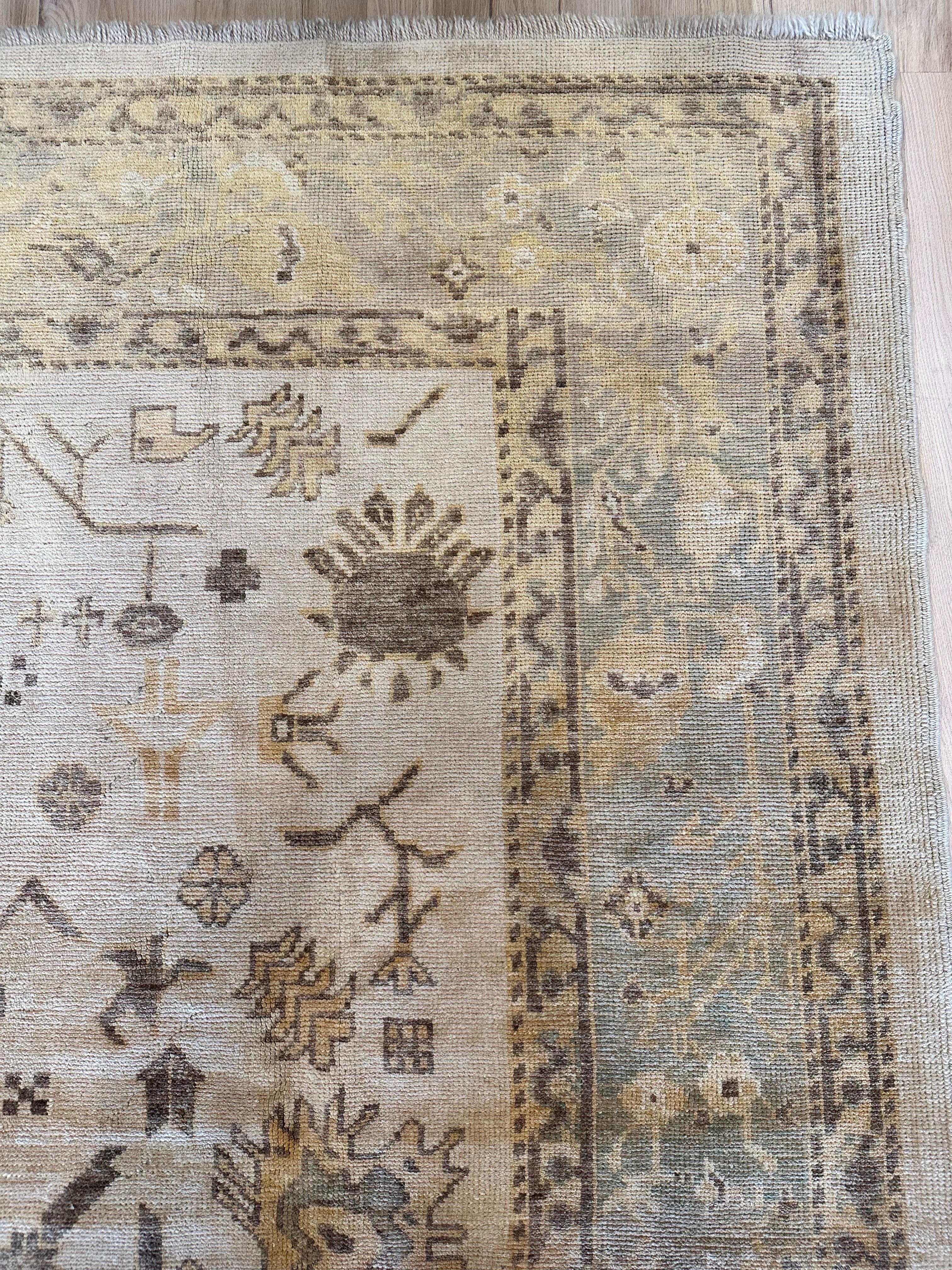 Vintage Oushak Carpet, Oriental Rug, Handmade, Ivory, Gray, Saffron, Yellow For Sale 7