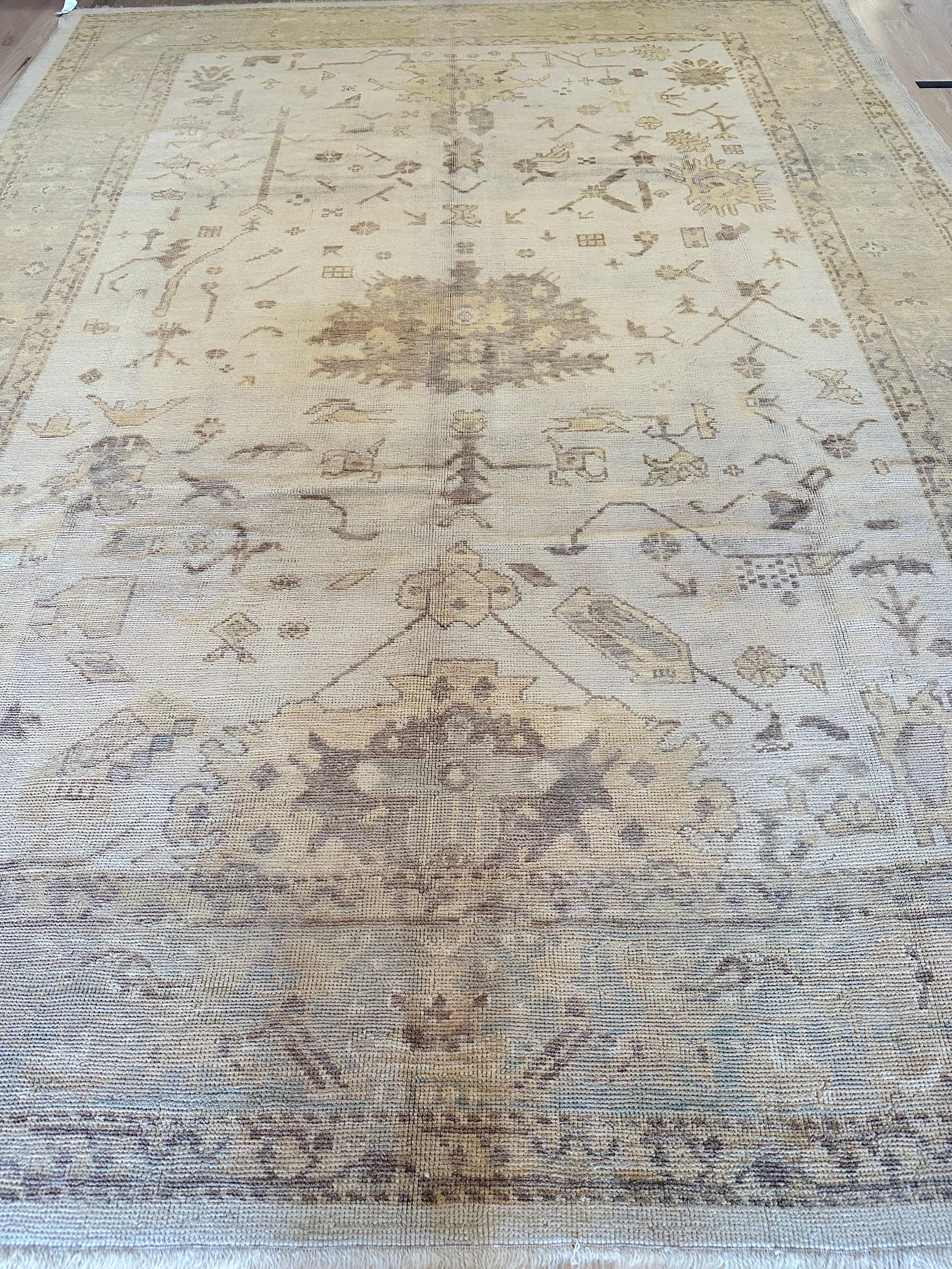 Vintage Oushak Carpet, Oriental Rug, Handmade, Ivory, Gray, Saffron, Yellow For Sale 2