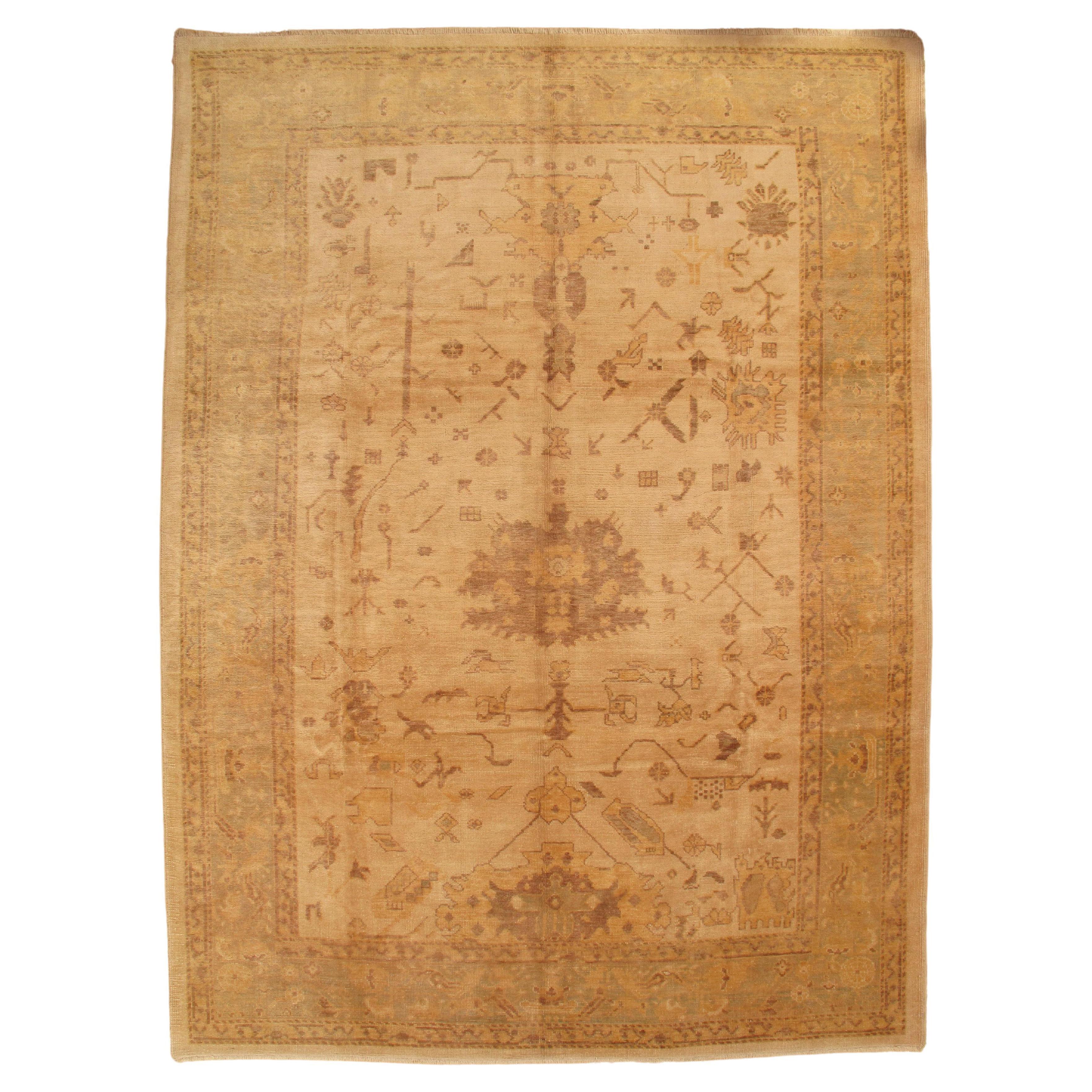 Vintage Oushak Carpet, Oriental Rug, Handmade, Ivory, Gray, Saffron, Yellow For Sale