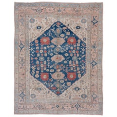 Vintage Oushak Carpet with Soft Colors, Pink and Light Blue Borders, Blue Field