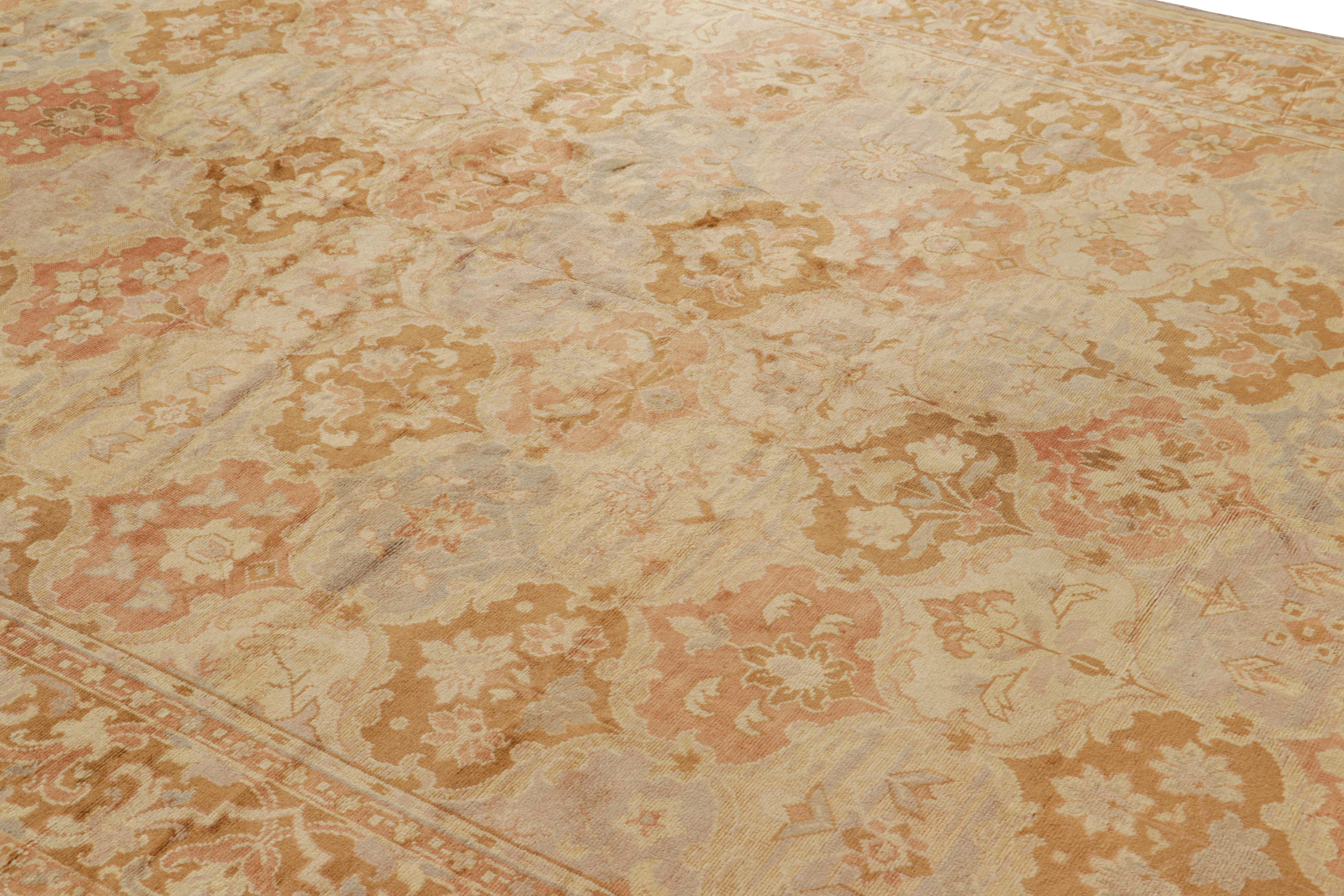 Hand-knotted wool and believed to originate from Romania circa 1950-1960, this 8x11 vintage rug is a particularly special European interpretation of Oushak rugs—a provenance which admirers of our craft know has yielded some of the most interesting