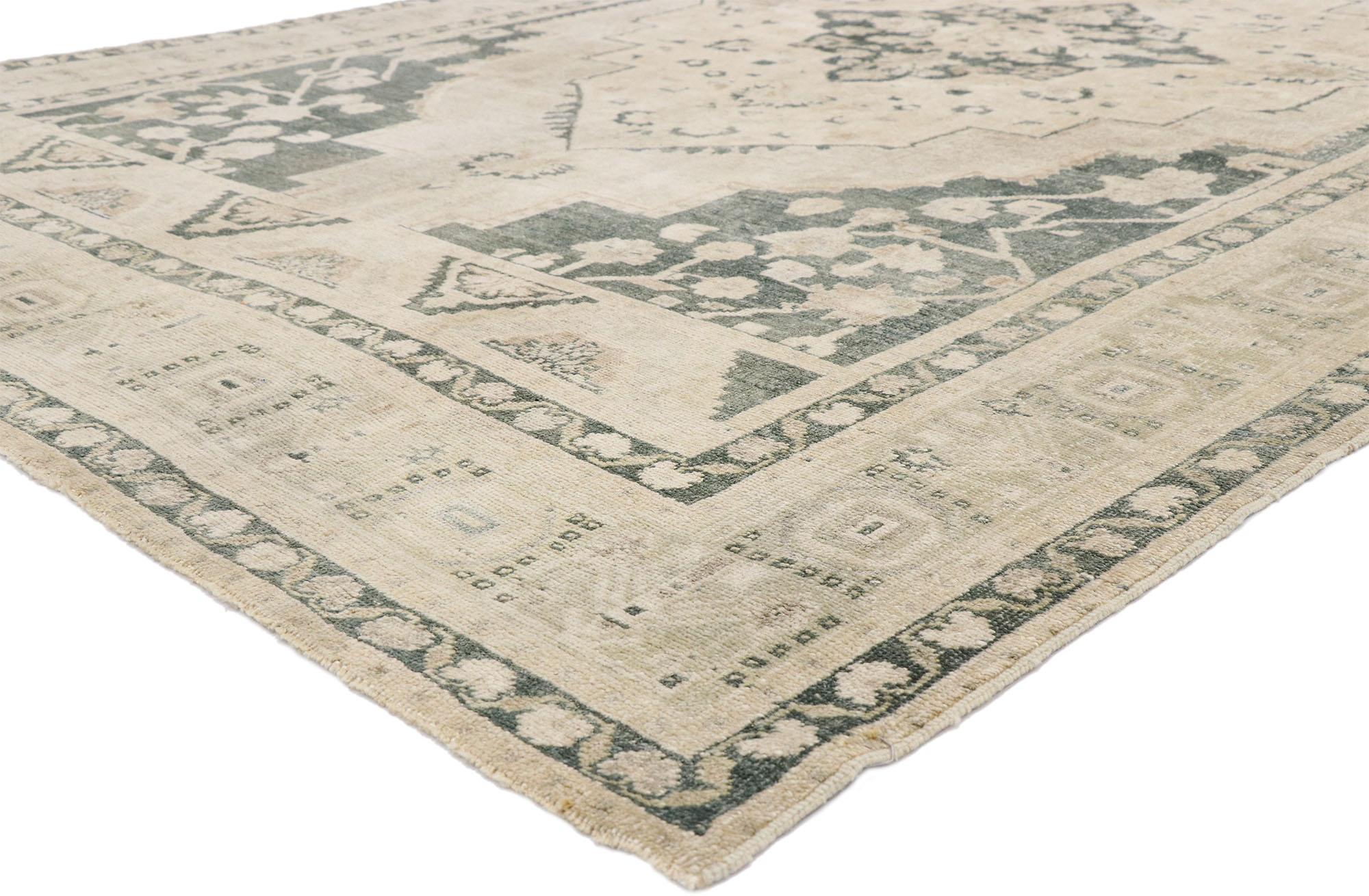 52673, Vintage Turkish Oushak Gallery Rug with Colonial Shaker Style. In this hand knotted wool vintage Turkish Oushak gallery rug, we bare witness to the successful application of design principles touted by the Shaker design aesthetic. With