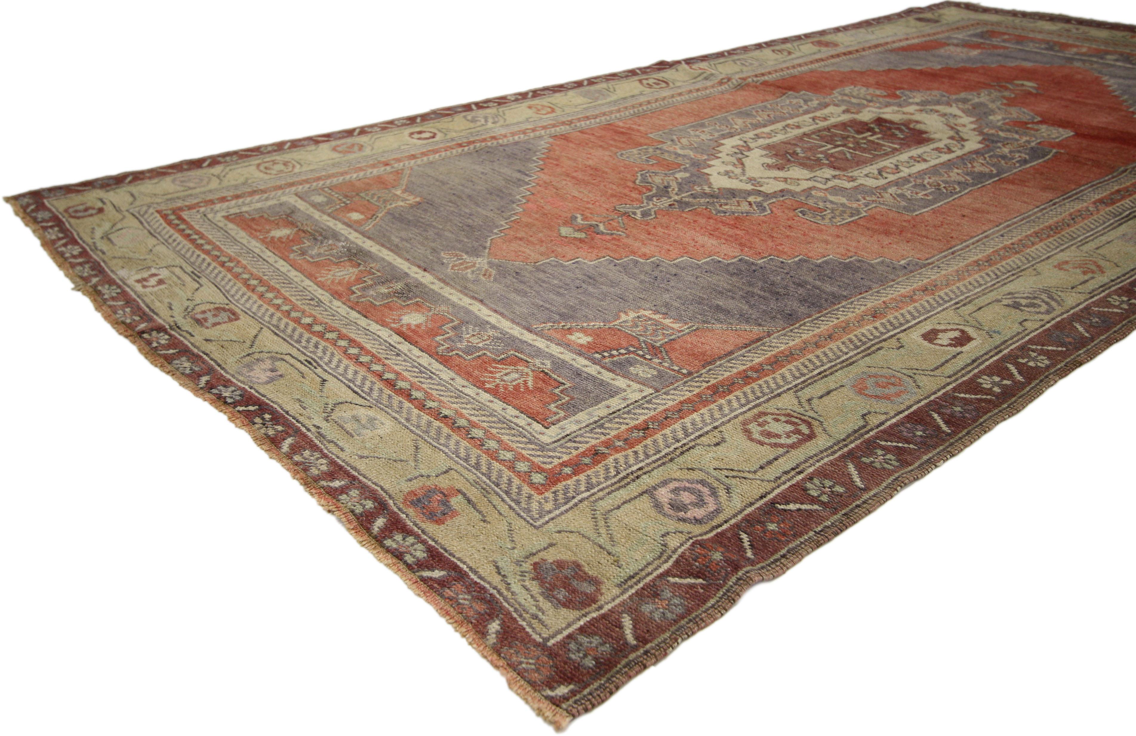 Vintage Turkish Oushak Gallery Rug with Tribal Pattern, Wide Hallway Runner In Good Condition For Sale In Dallas, TX