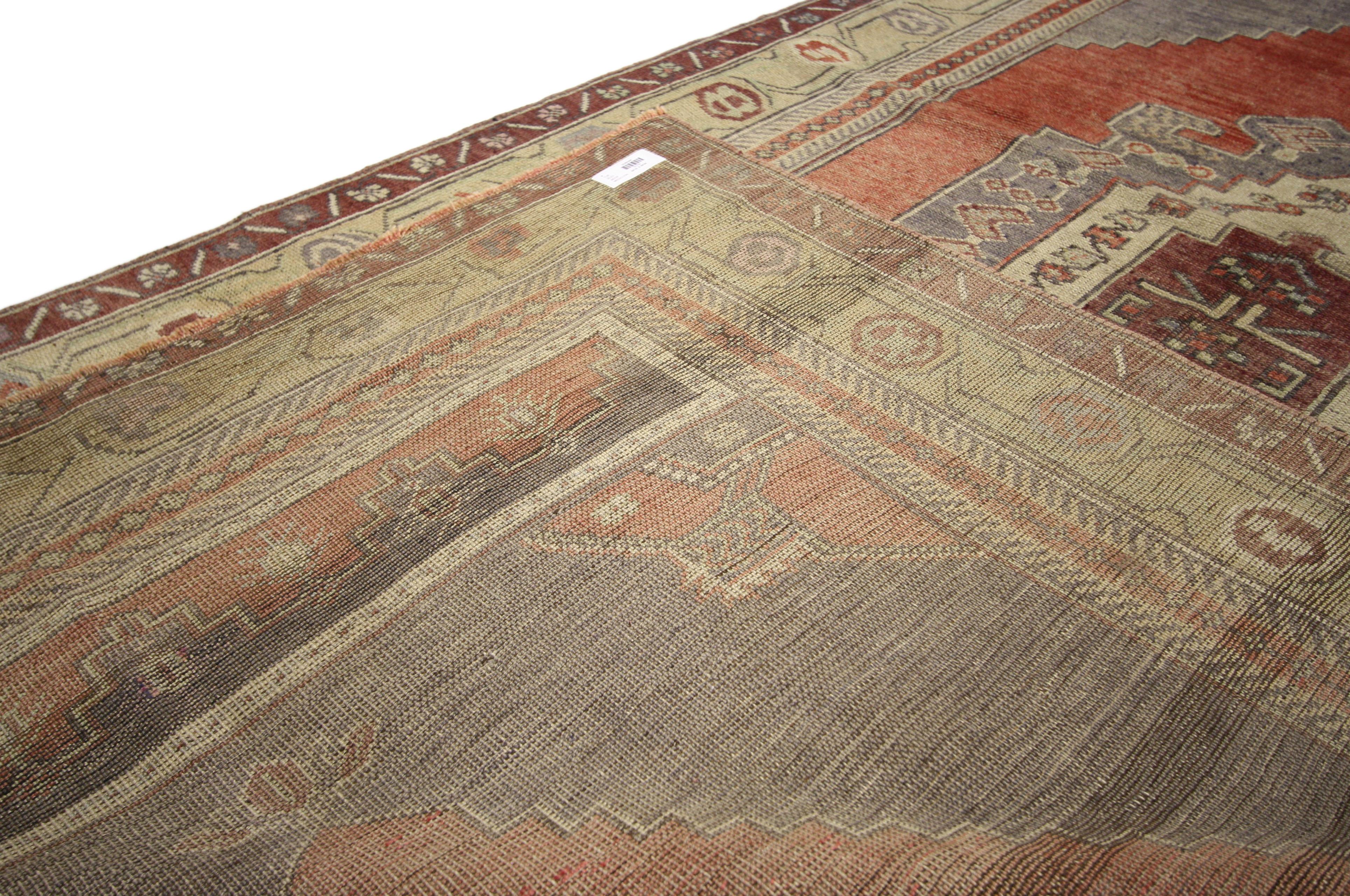 20th Century Vintage Turkish Oushak Gallery Rug with Tribal Pattern, Wide Hallway Runner For Sale