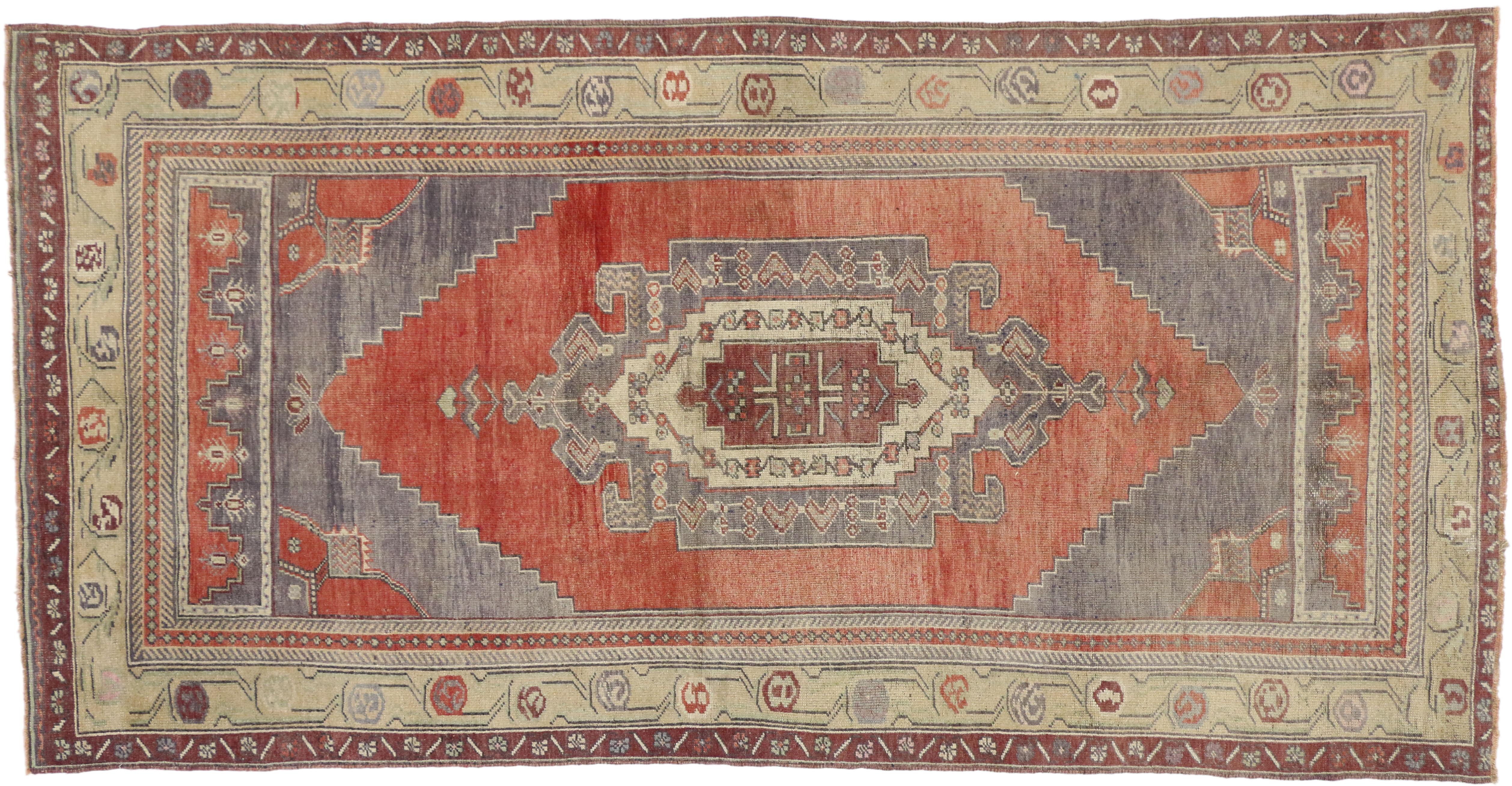 Wool Vintage Turkish Oushak Gallery Rug with Tribal Pattern, Wide Hallway Runner For Sale