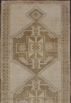 Vintage Oushak Gallery Runner with Three Medallion Design in Taupe, Light Brown